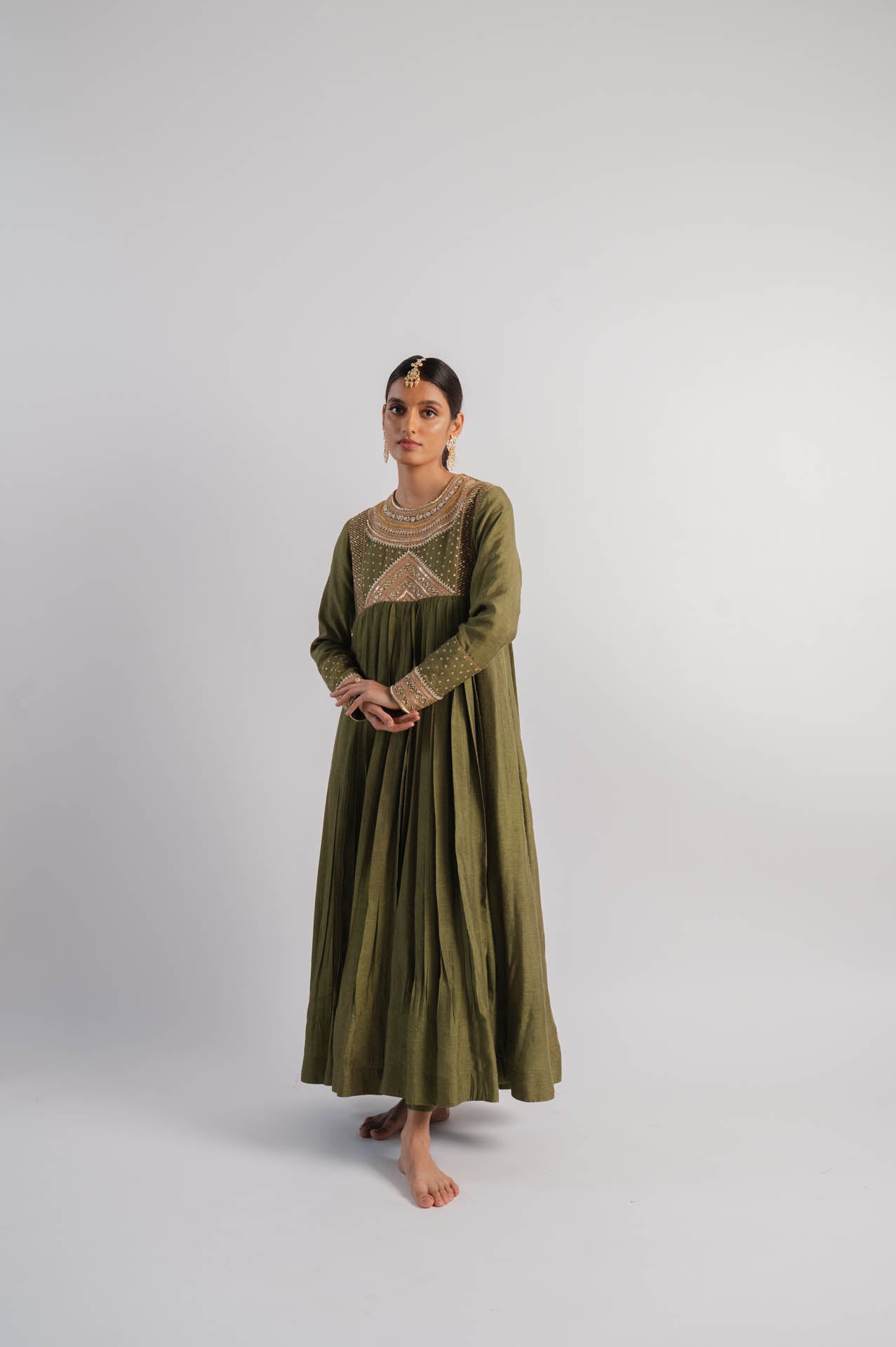 Olive Green Embroidered Anarkali Set