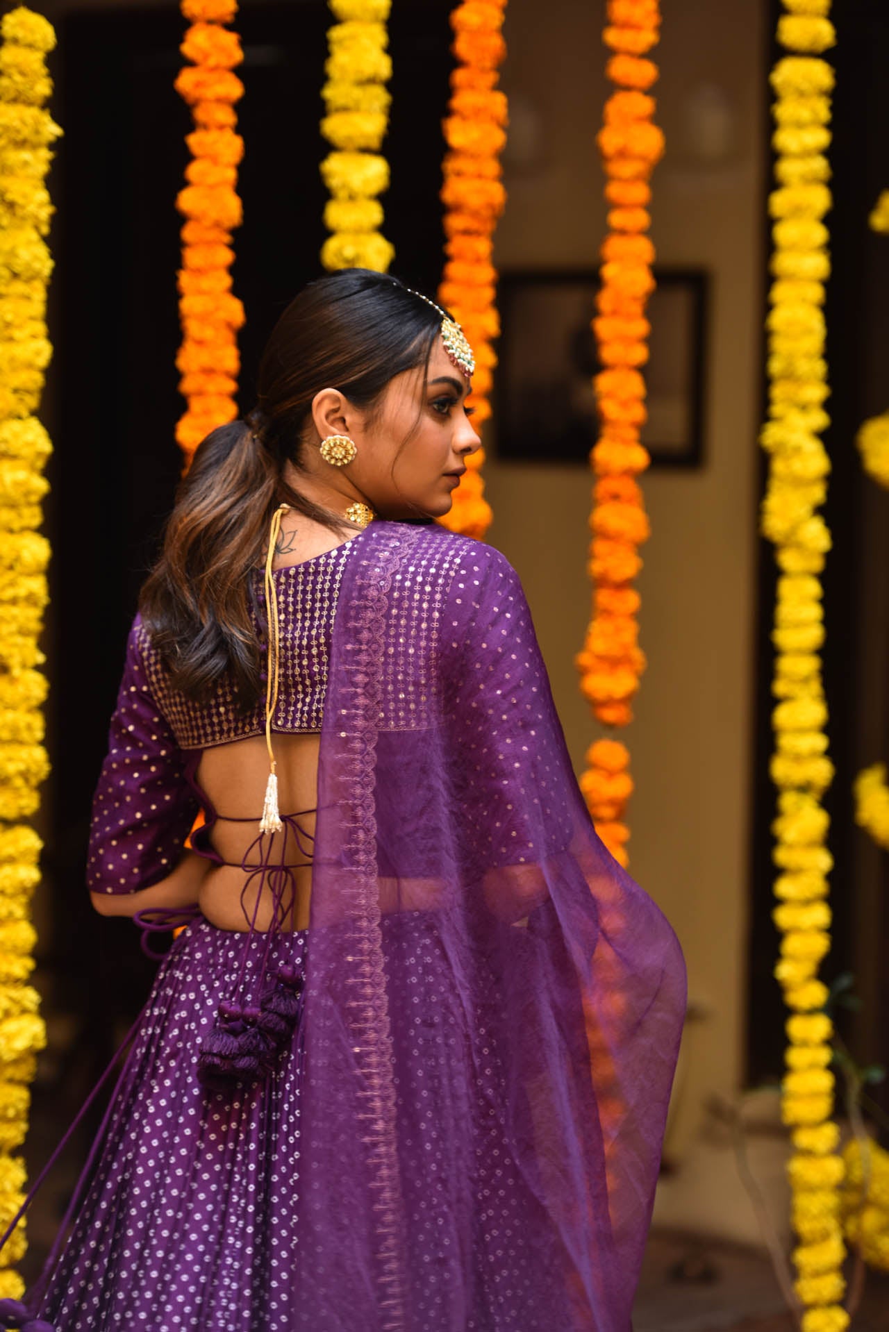 Purple Bandhani Print Lehenga Set