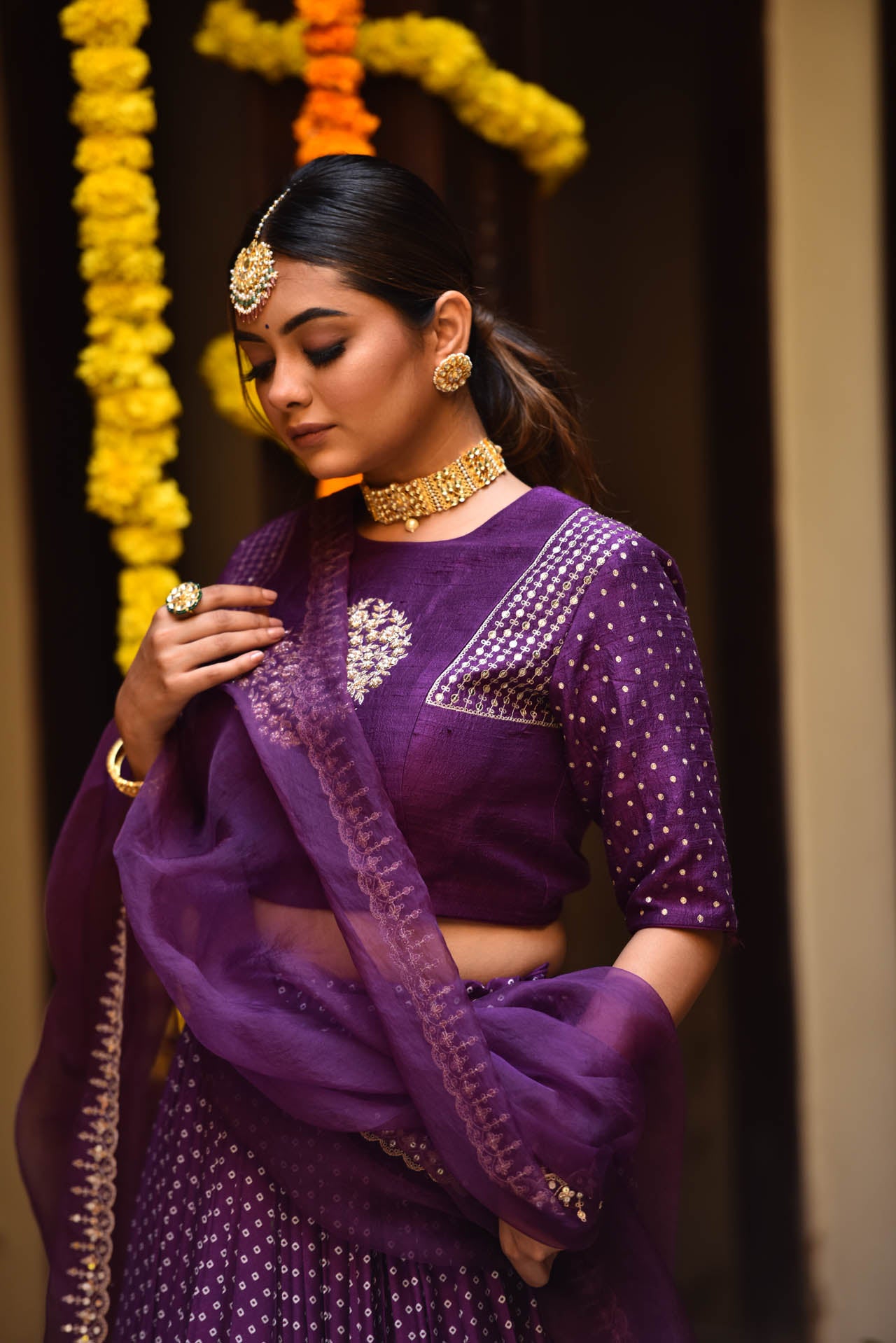 Purple Bandhani Print Lehenga Set