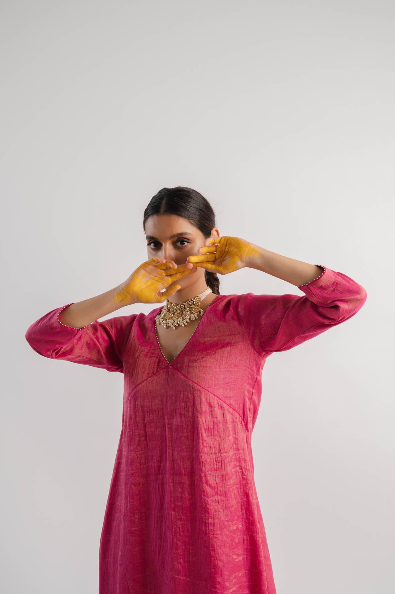 Pink V-Neck Tissue Kurta Set