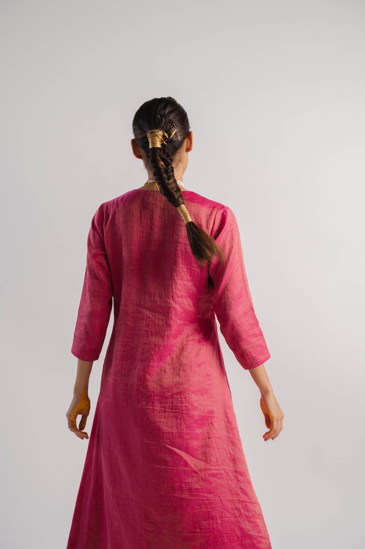 Pink V-Neck Tissue Kurta Set