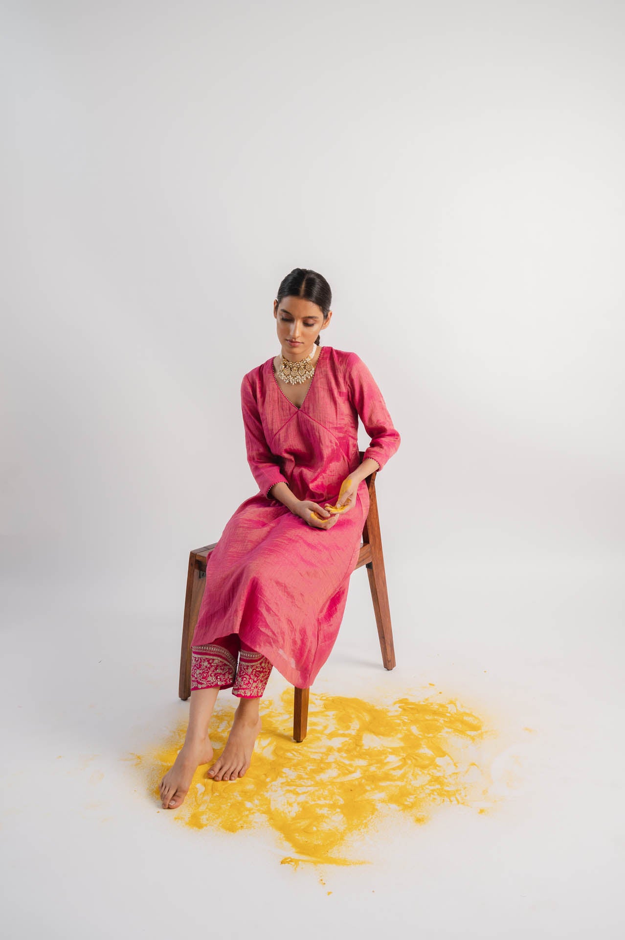 Pink V-Neck Tissue Kurta Set