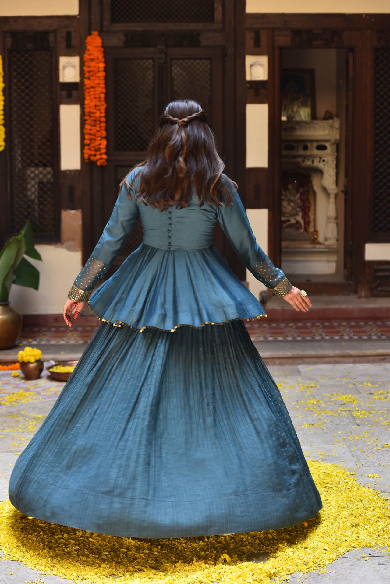 Blue Peplum & Zari Striped Lehenga Set