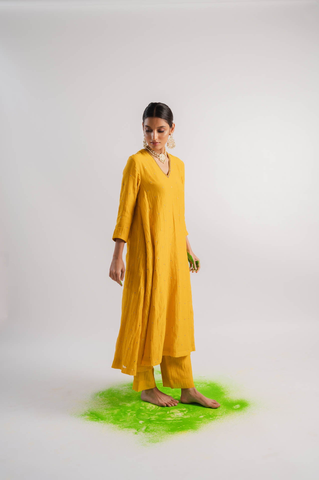 Yellow V-Neck Chanderi Kurta Set