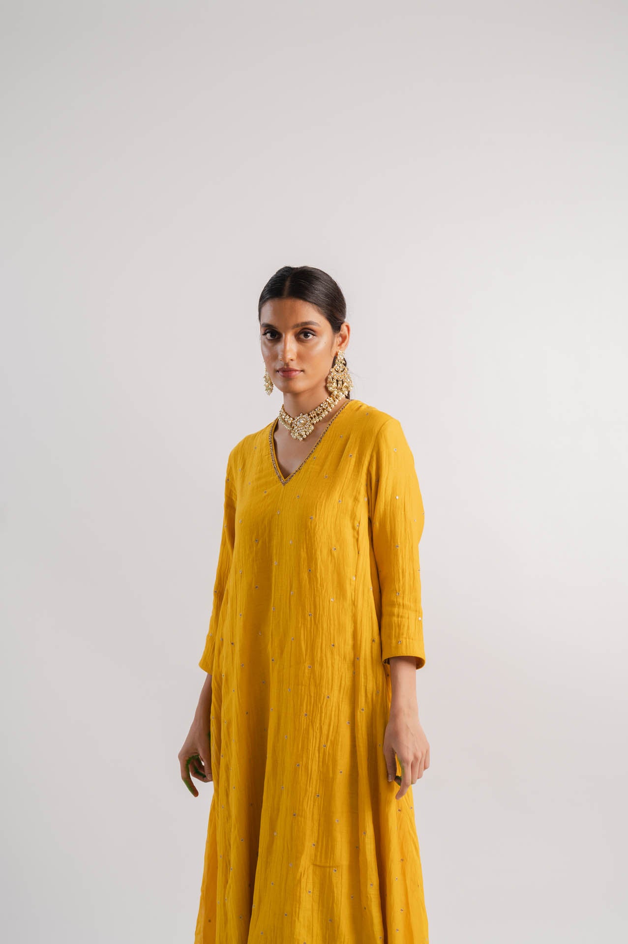 Yellow V-Neck Chanderi Kurta Set
