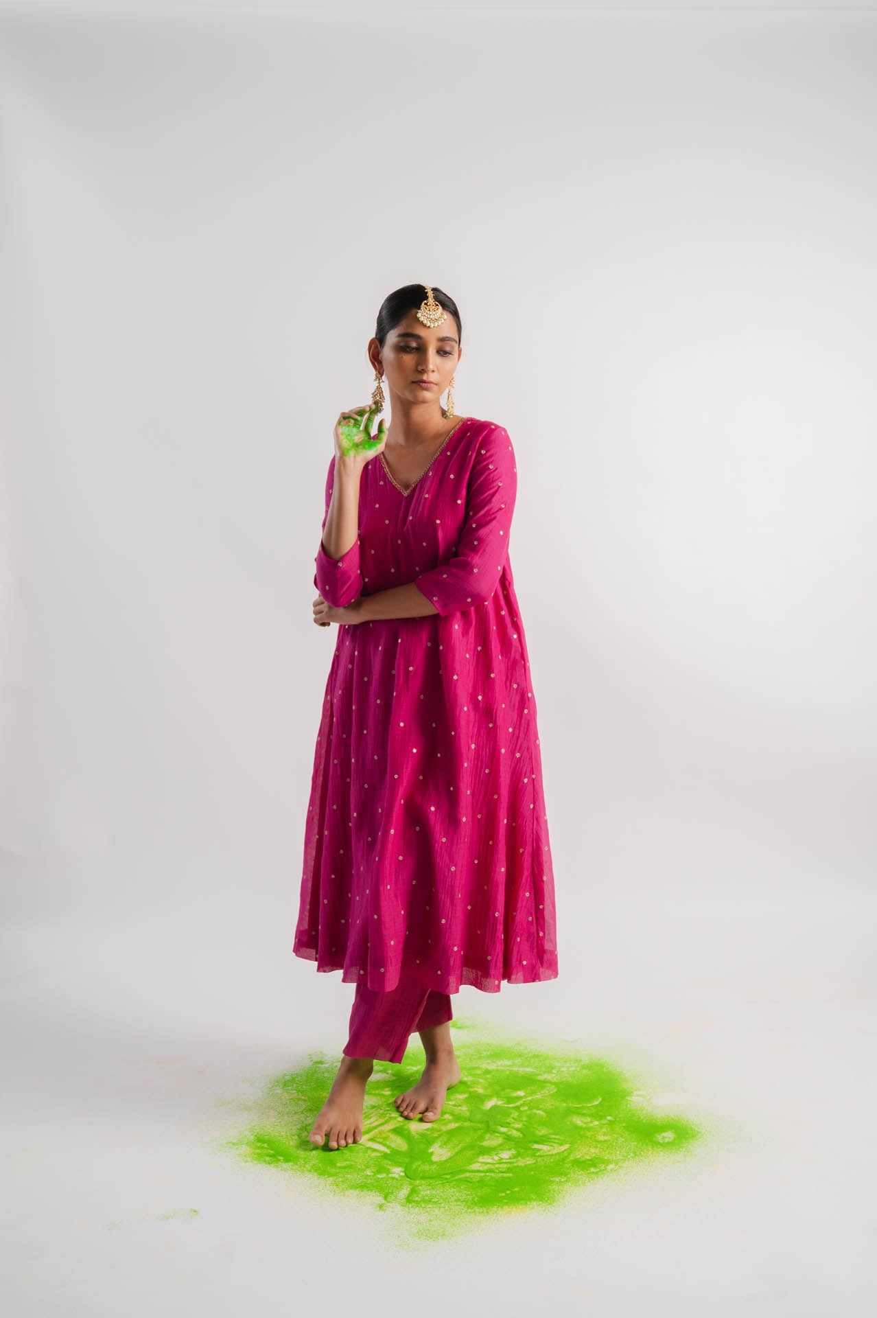 Pink Chanderi V-Neck Kurta Set