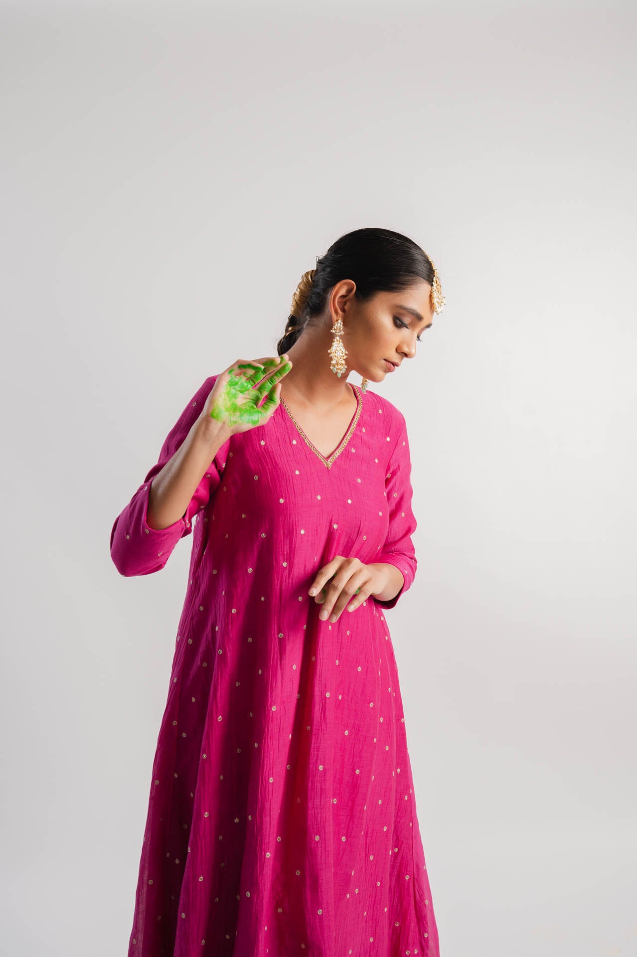 Pink Chanderi V-Neck Kurta Set