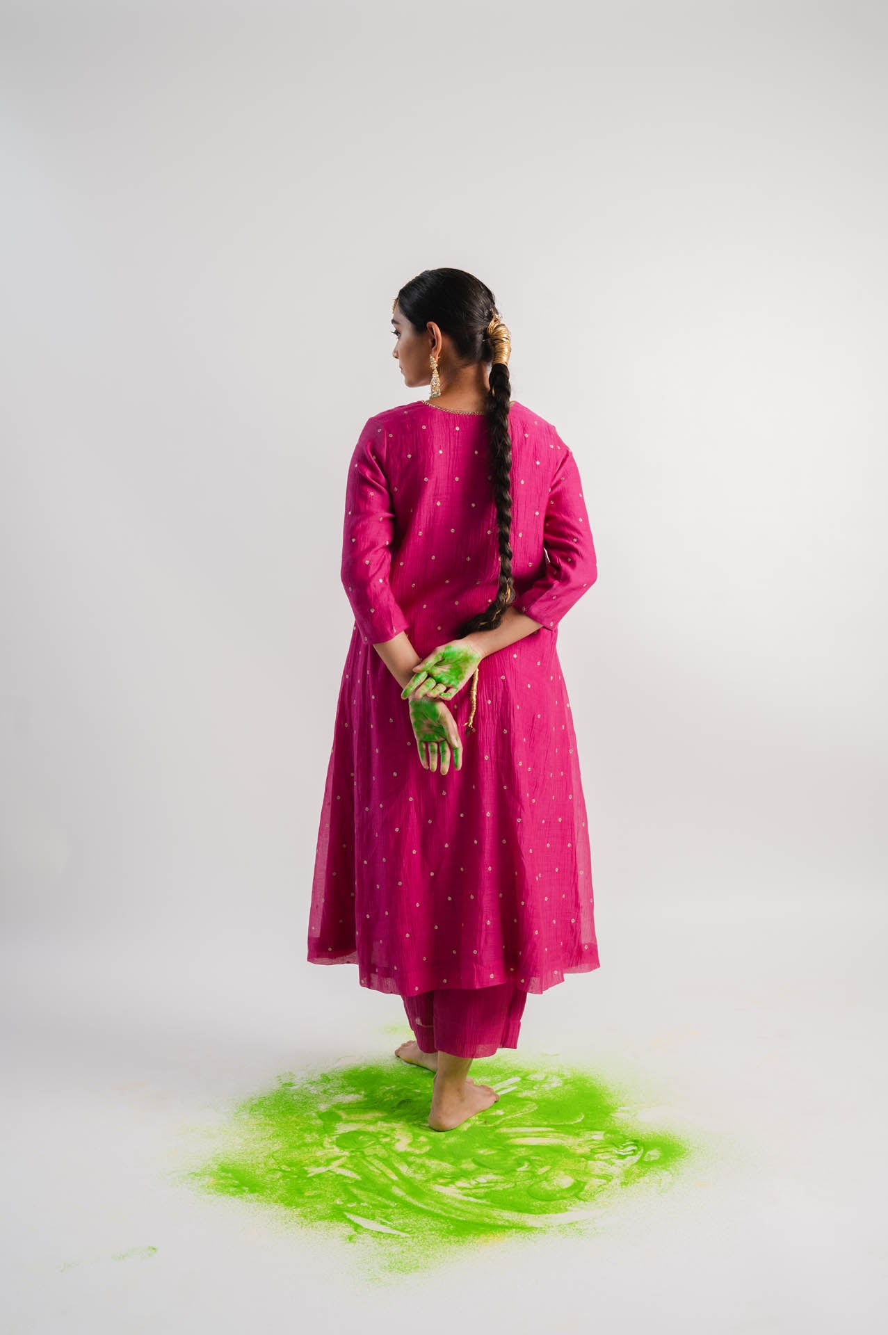 Pink Chanderi V-Neck Kurta Set