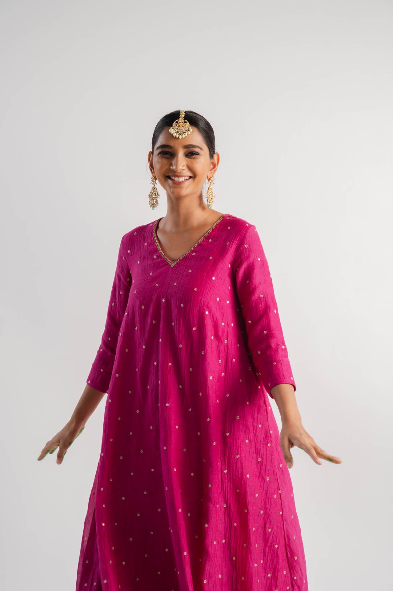 Pink Chanderi V-Neck Kurta Set