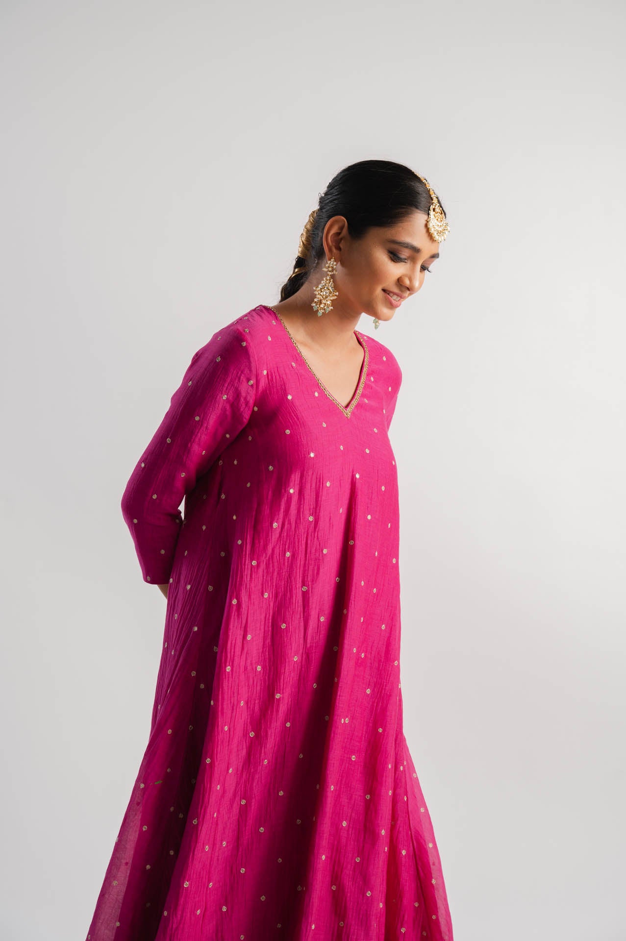 Pink Chanderi V-Neck Kurta Set