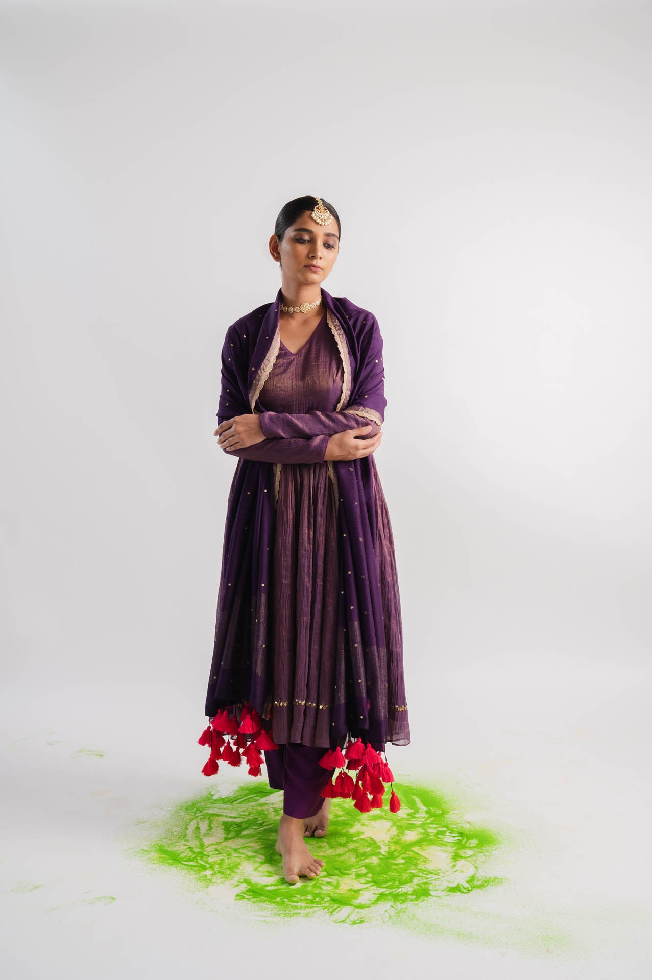 Purple Tissue Anarkali Kurta Set