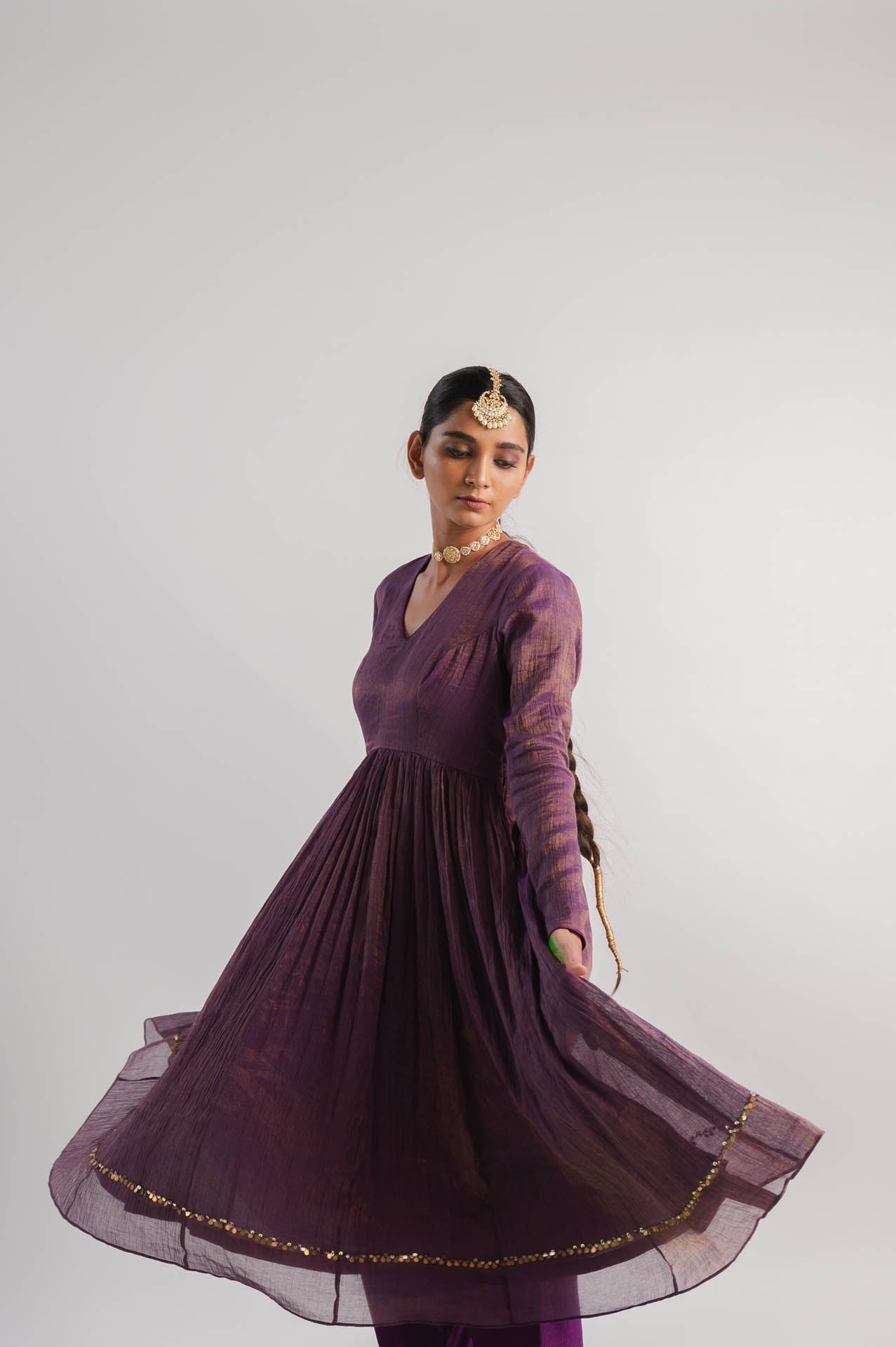 Purple Tissue Anarkali Kurta Set