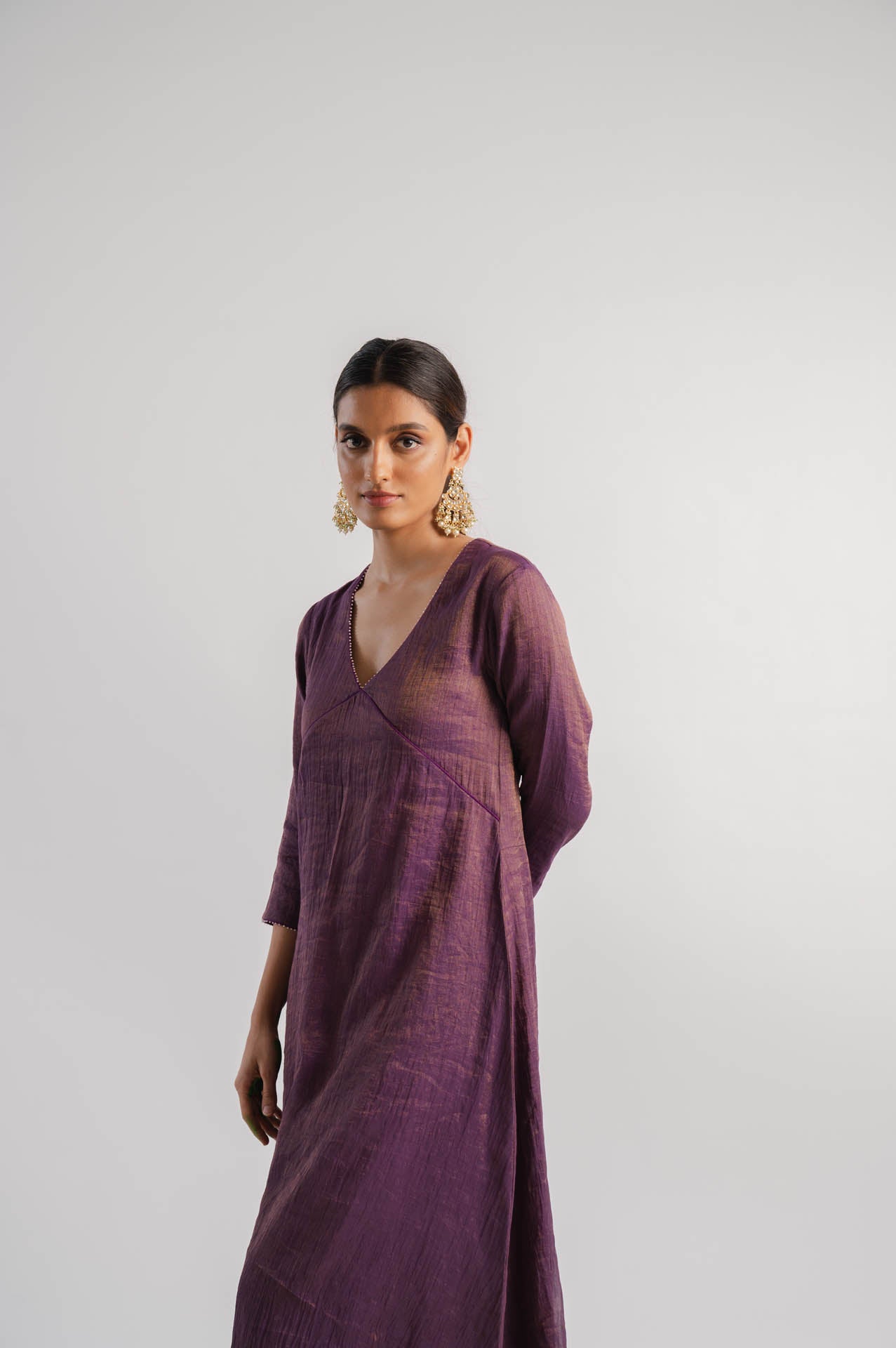 Purple V-Neck Tissue Kurta Set