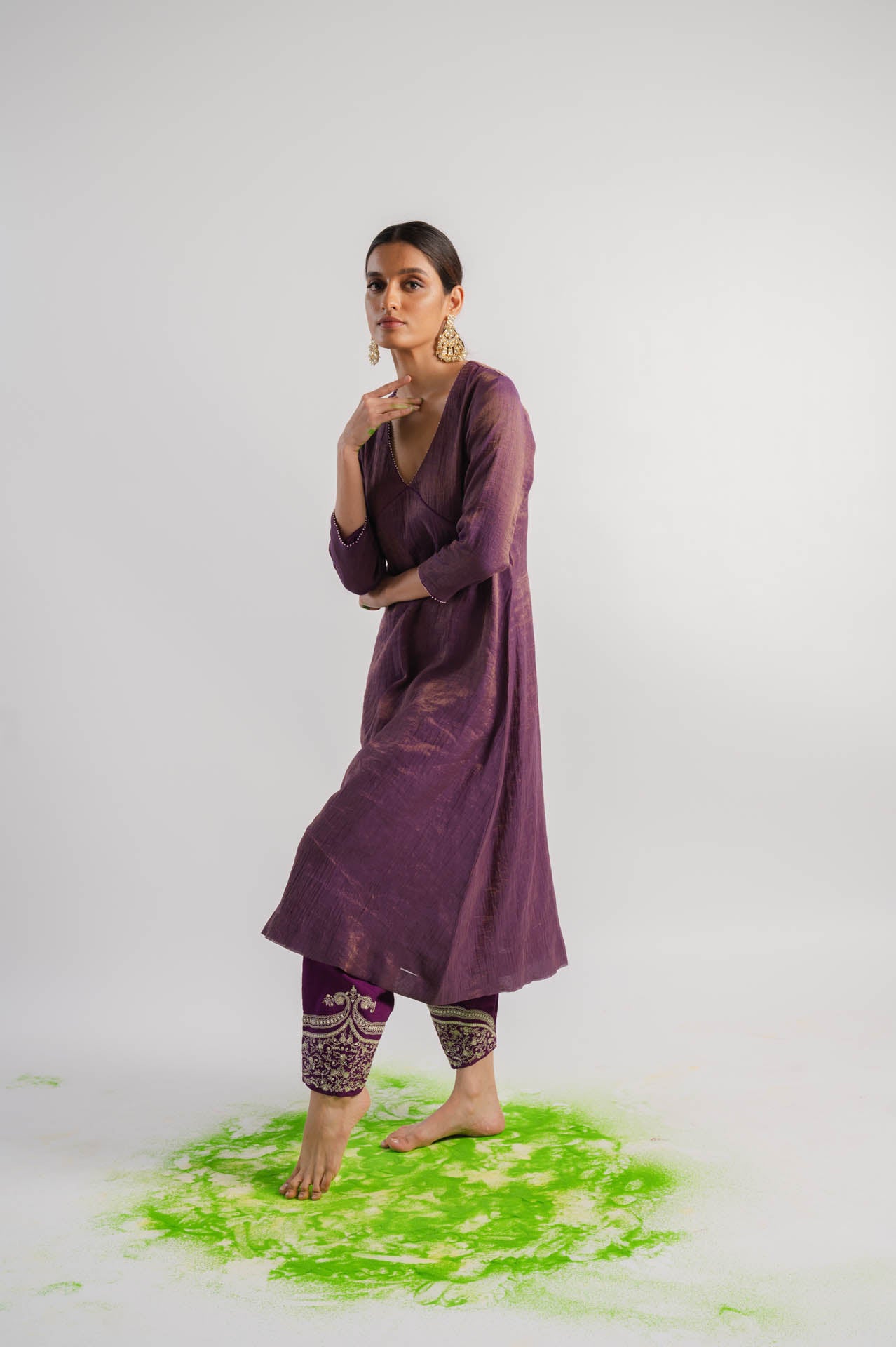 Purple V-Neck Tissue Kurta Set