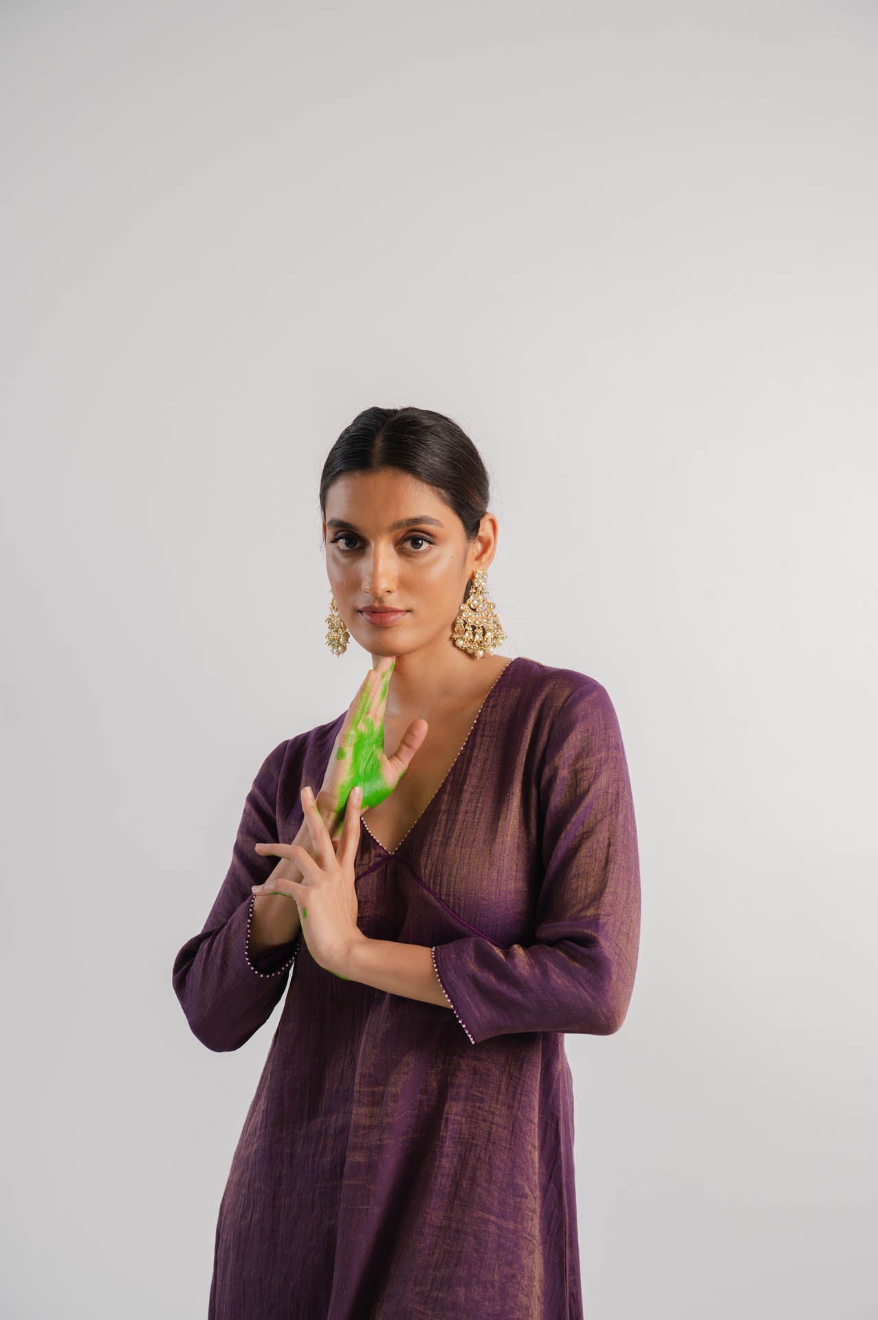 Purple V-Neck Tissue Kurta Set