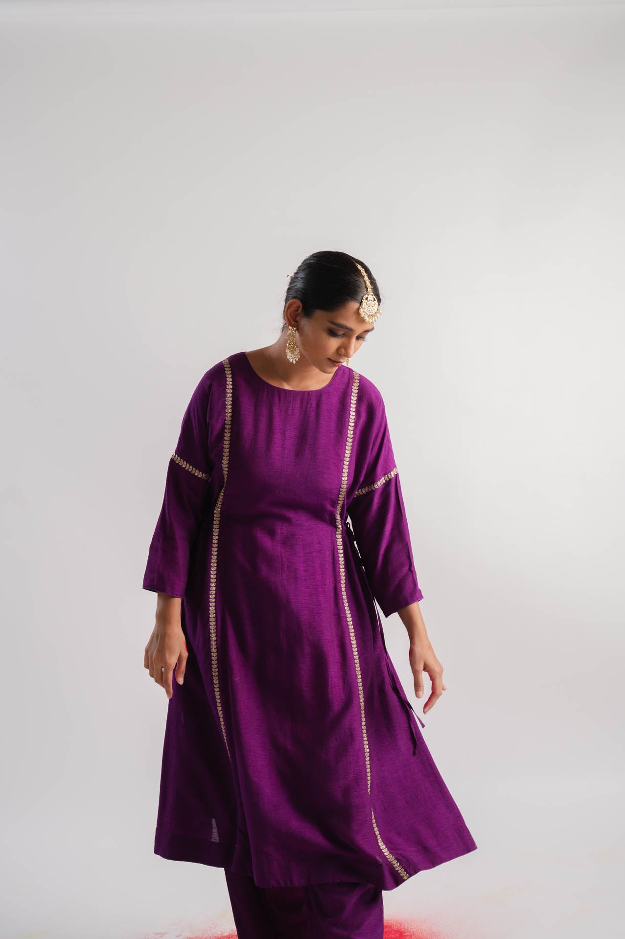 Purple Vertical Line Embroidered Kurta Set