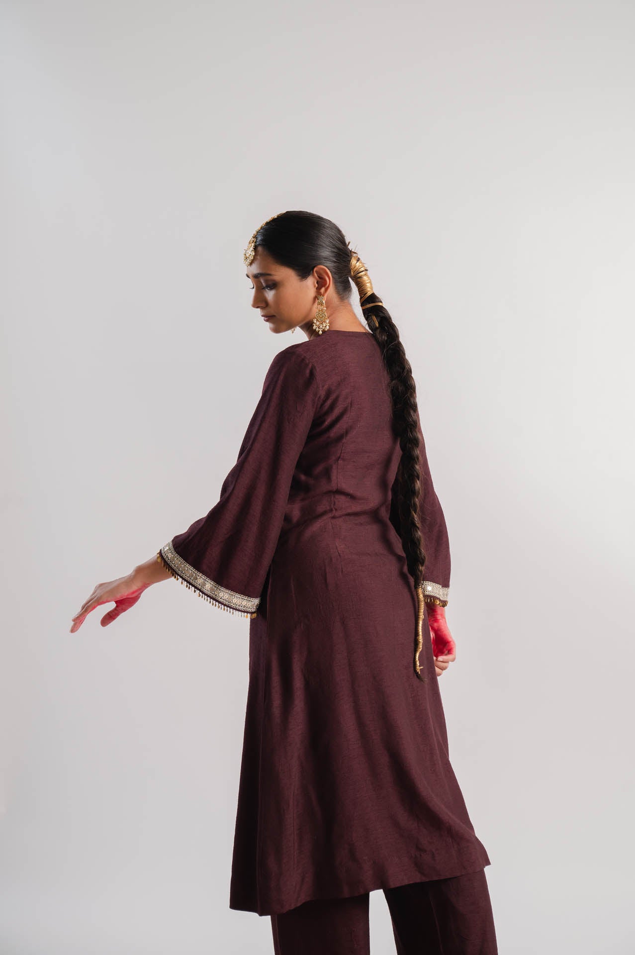 Brown Slub Silk Bell Sleeved Kurta Set