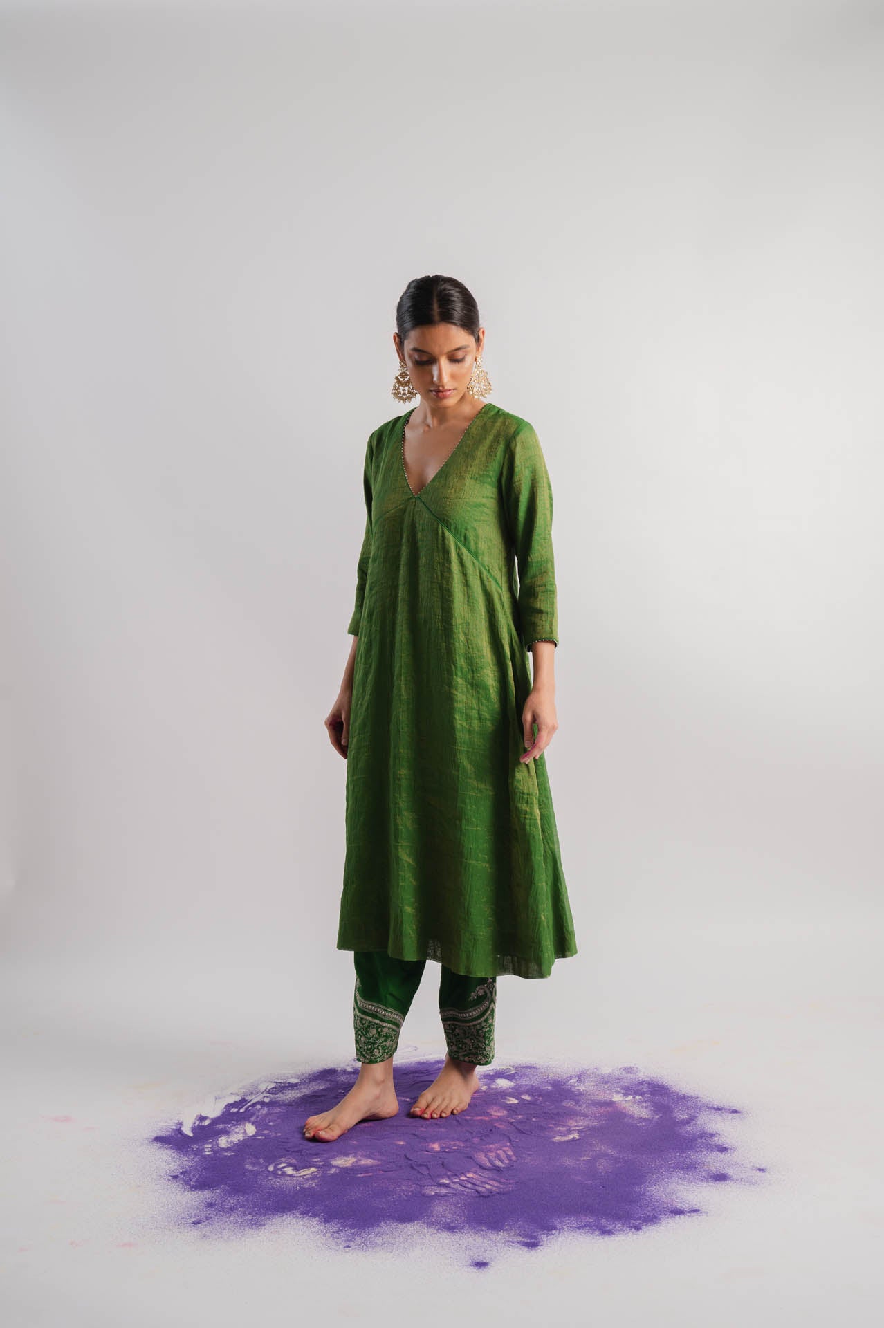 Green V-Neck Tissue Kurta Set