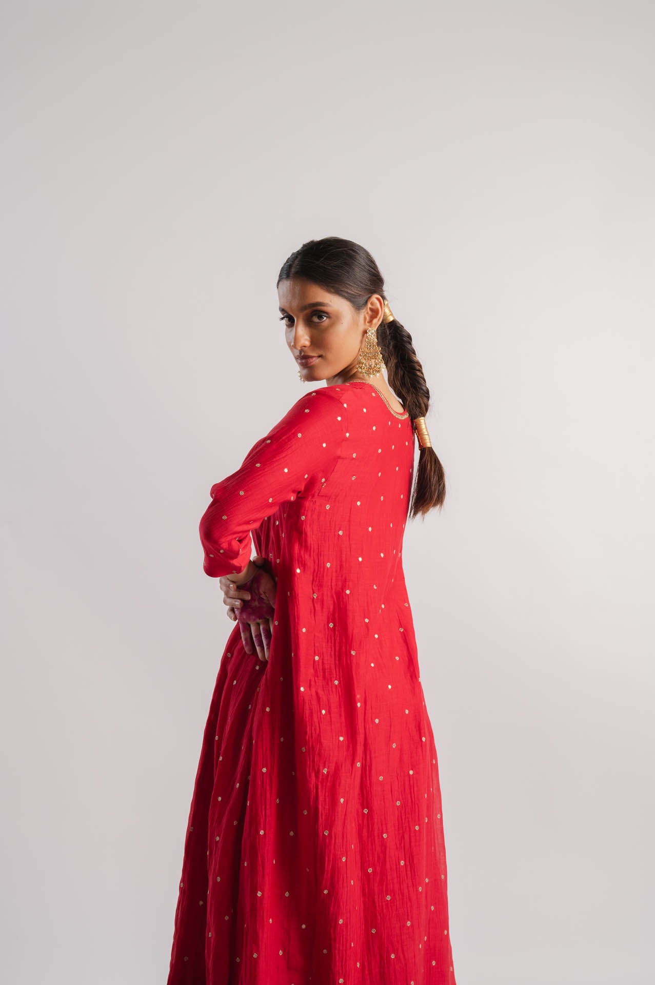 Red Chanderi V-Neck Kurta Set
