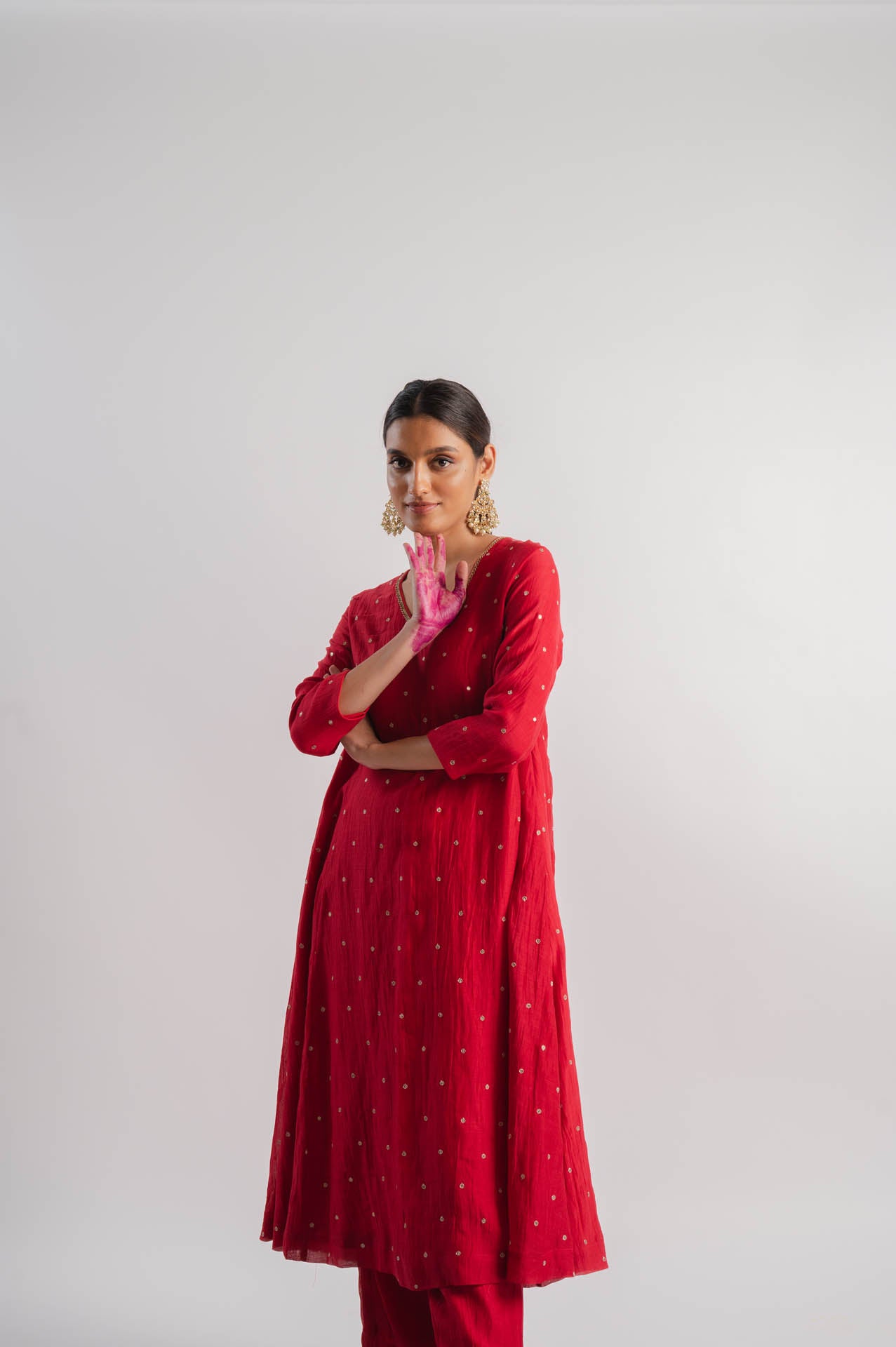 Red Chanderi V-Neck Kurta Set