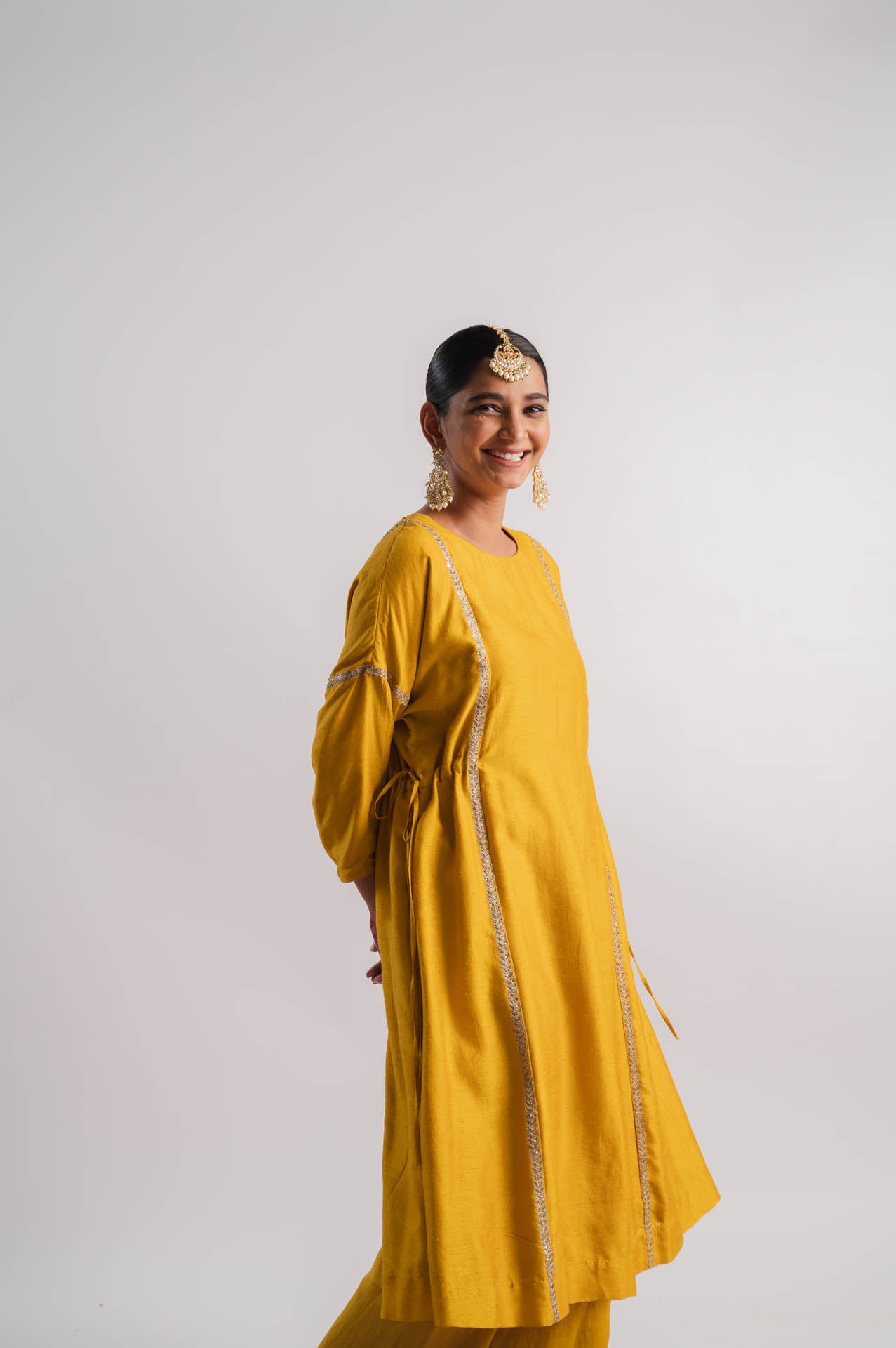 Mustard Vertical Line Embroidered Kurta Set