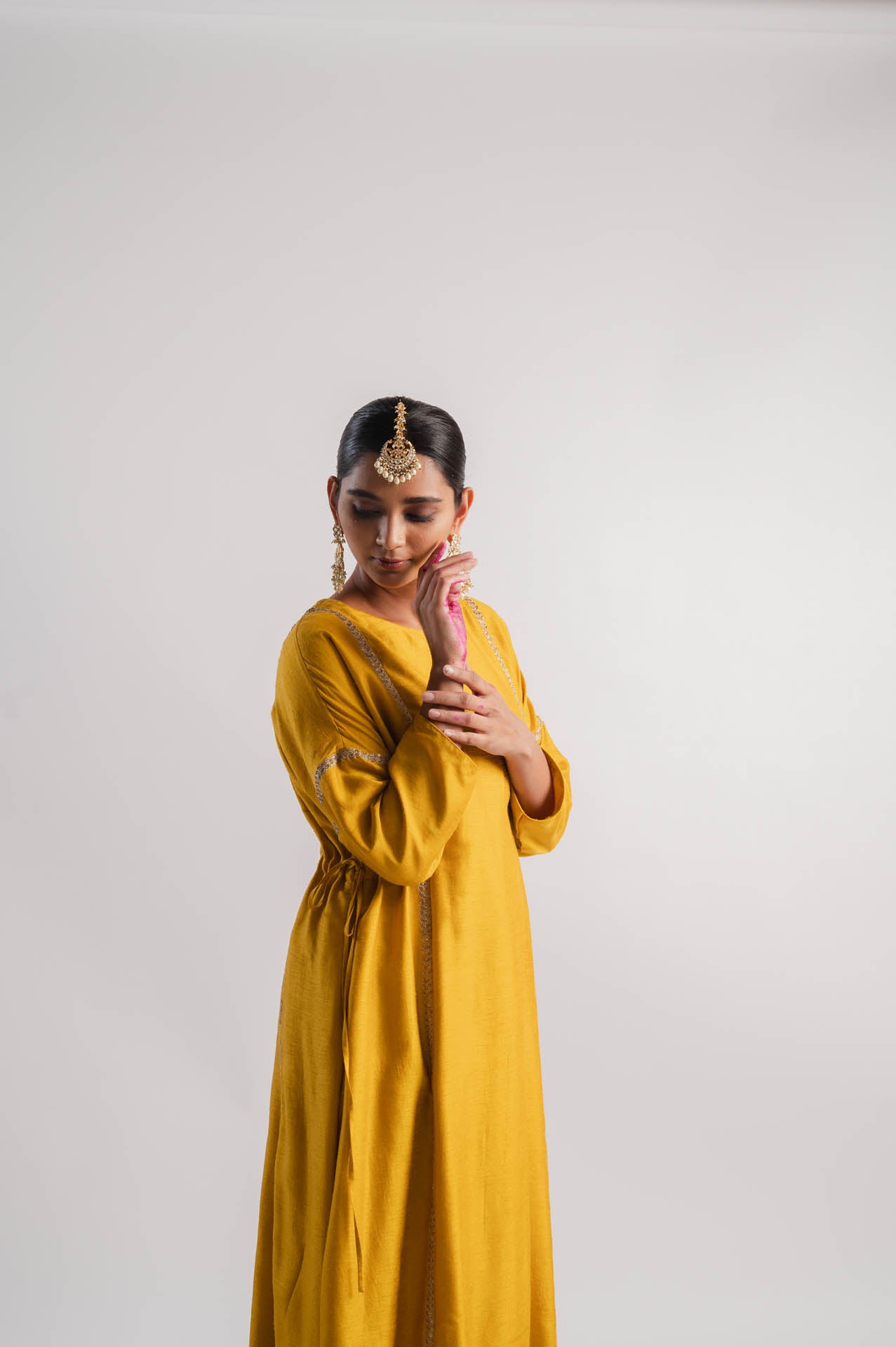 Mustard Vertical Line Embroidered Kurta Set