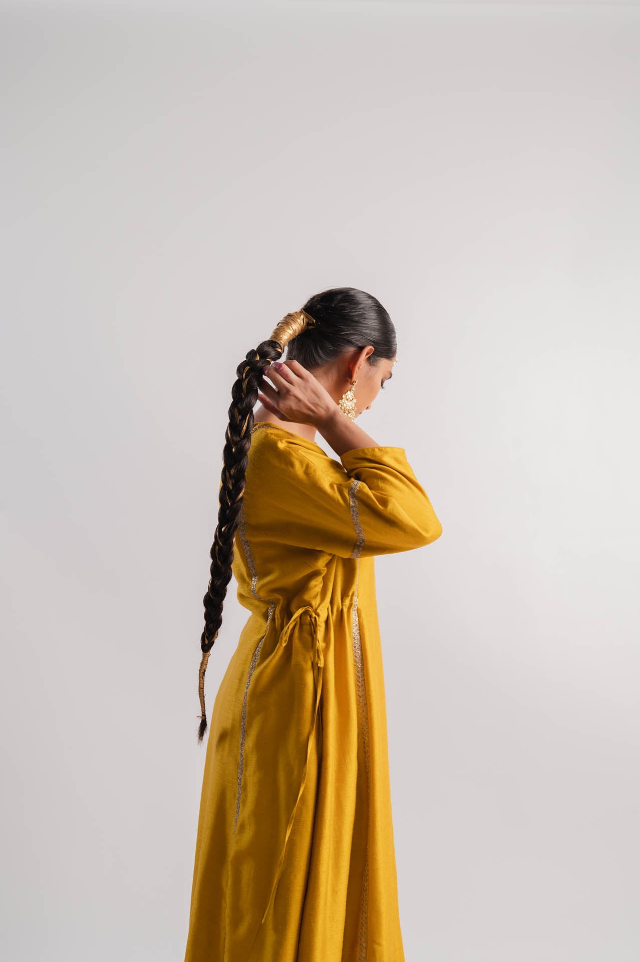 Mustard Vertical Line Embroidered Kurta Set