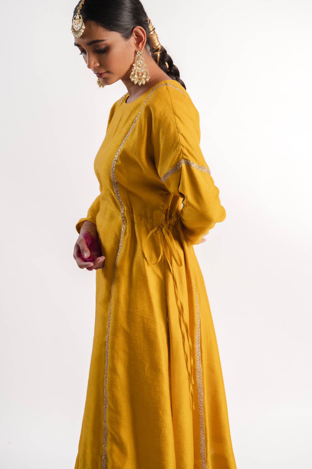 Mustard Vertical Line Embroidered Kurta Set