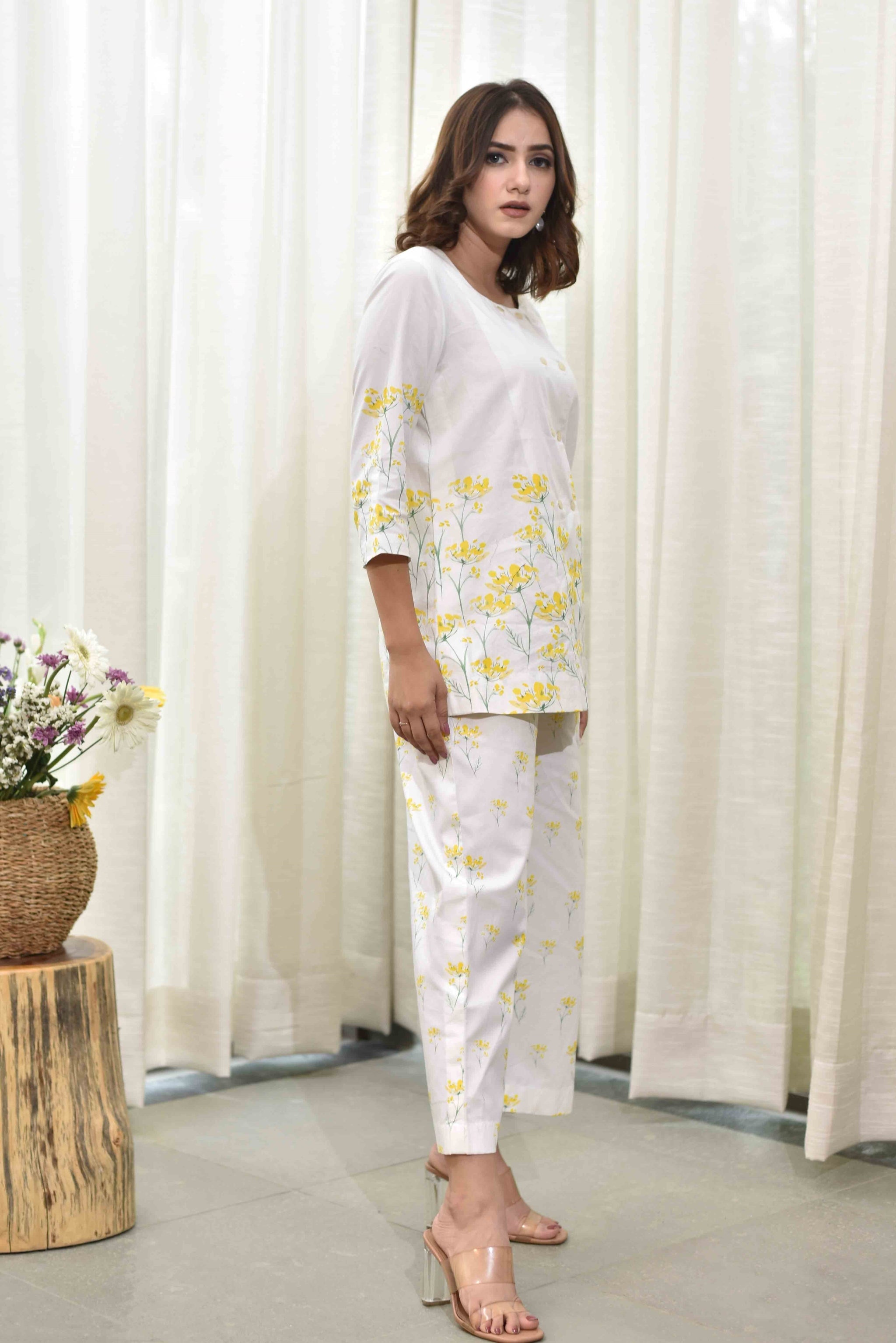 Off-White And Yellow Floral Co-ord Set