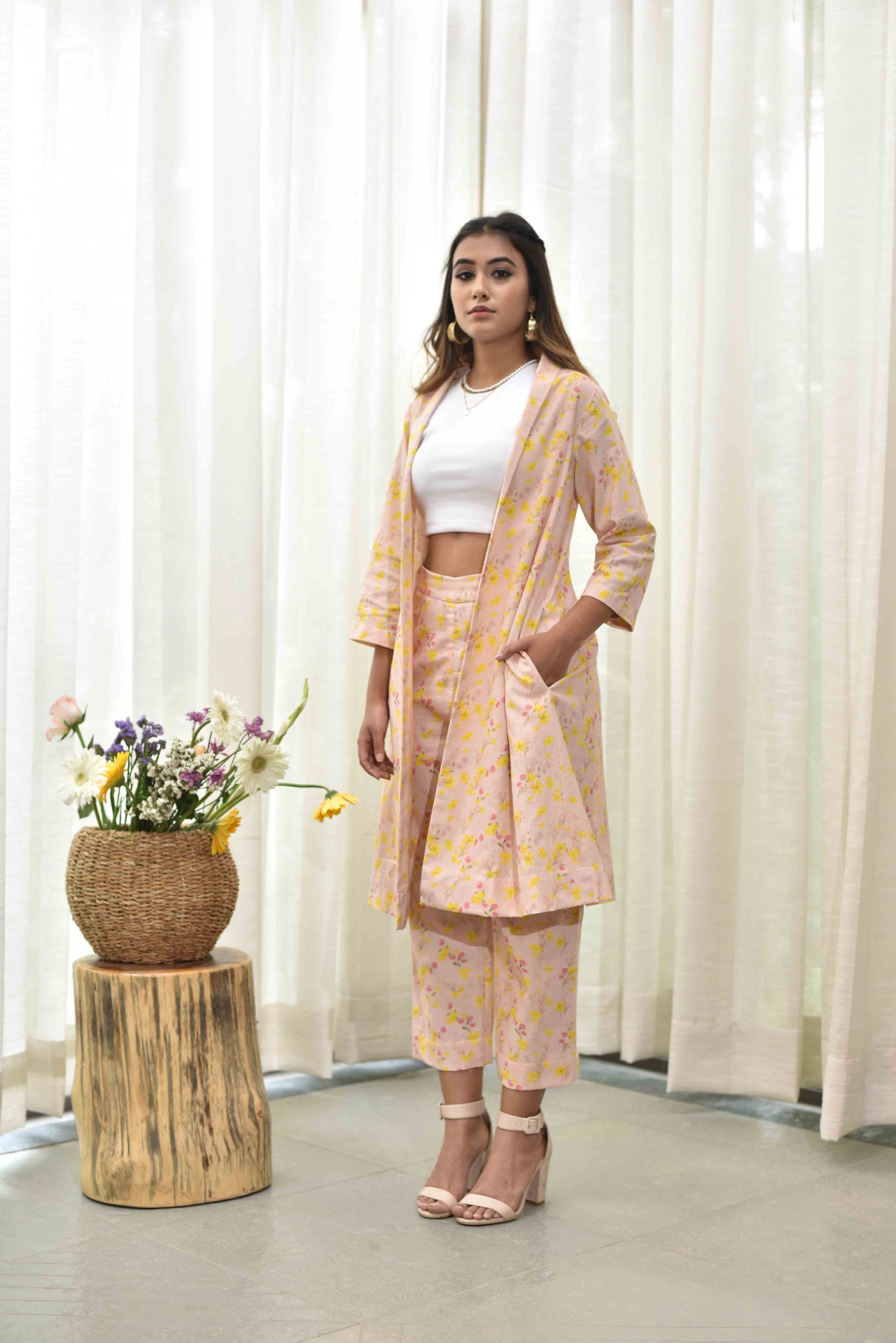 Peach Floral Print Jacket+Pants