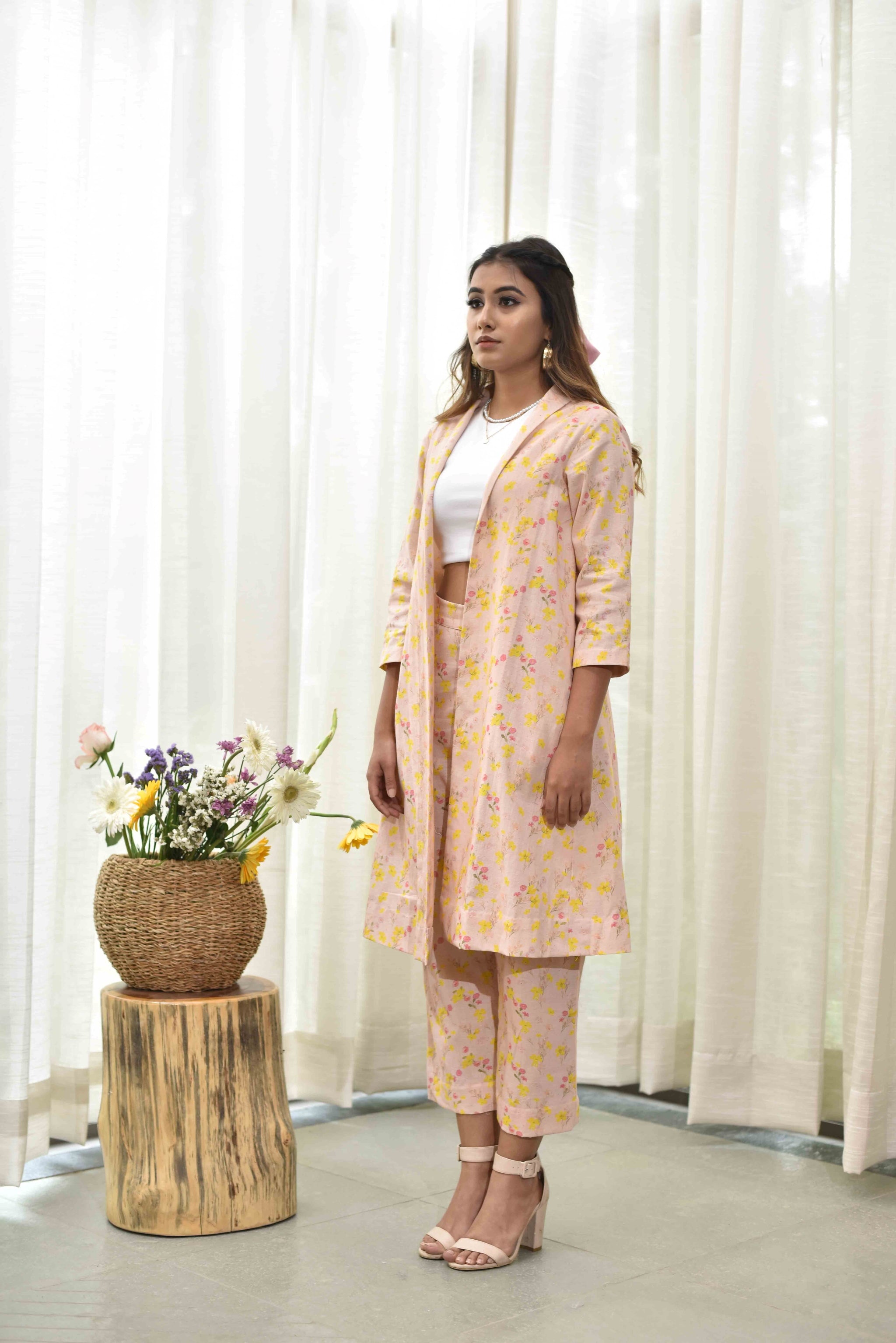 Peach Floral Print Jacket+Pants