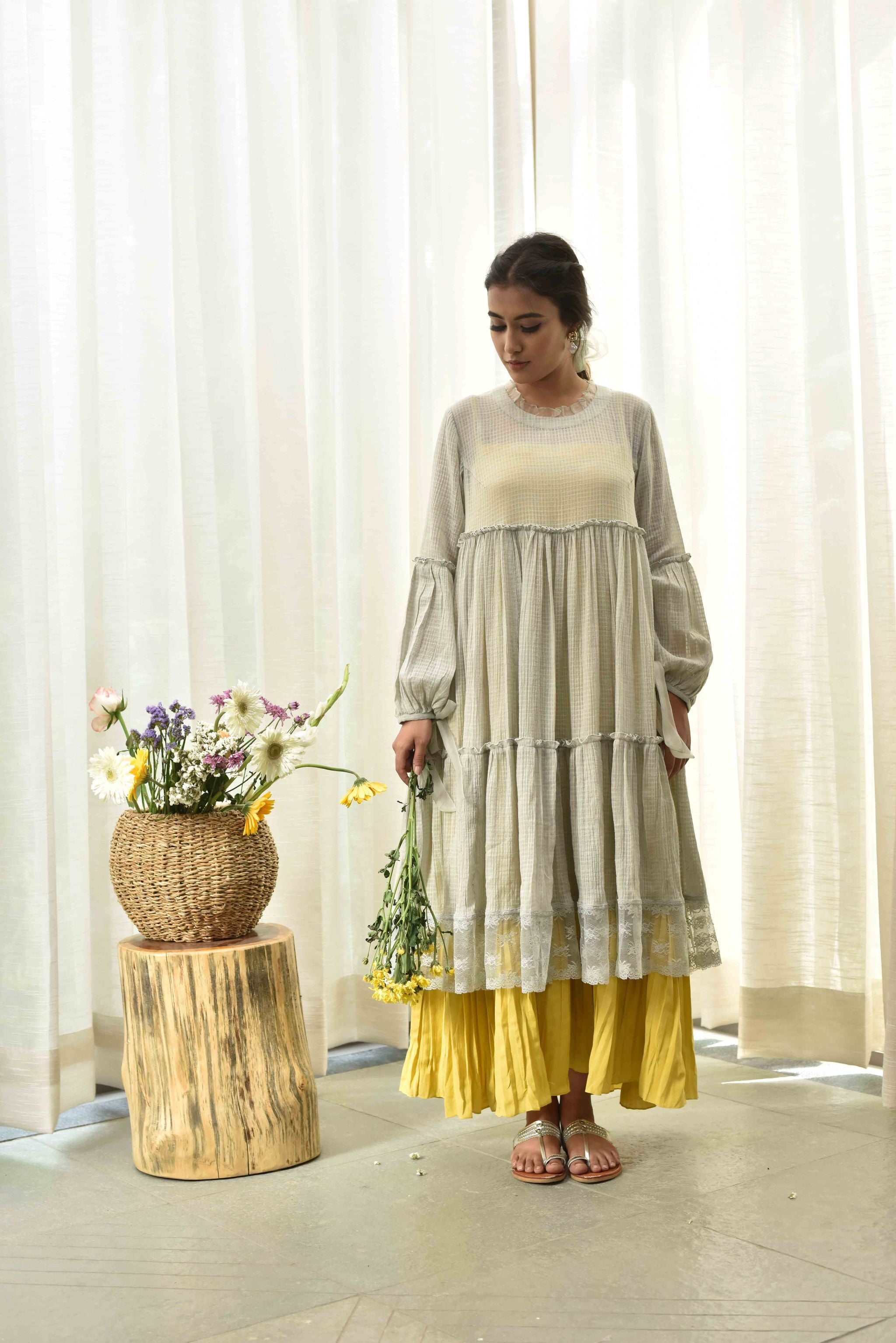 Grey Checks Tiered Dress With Yellow Spaghetti Inner