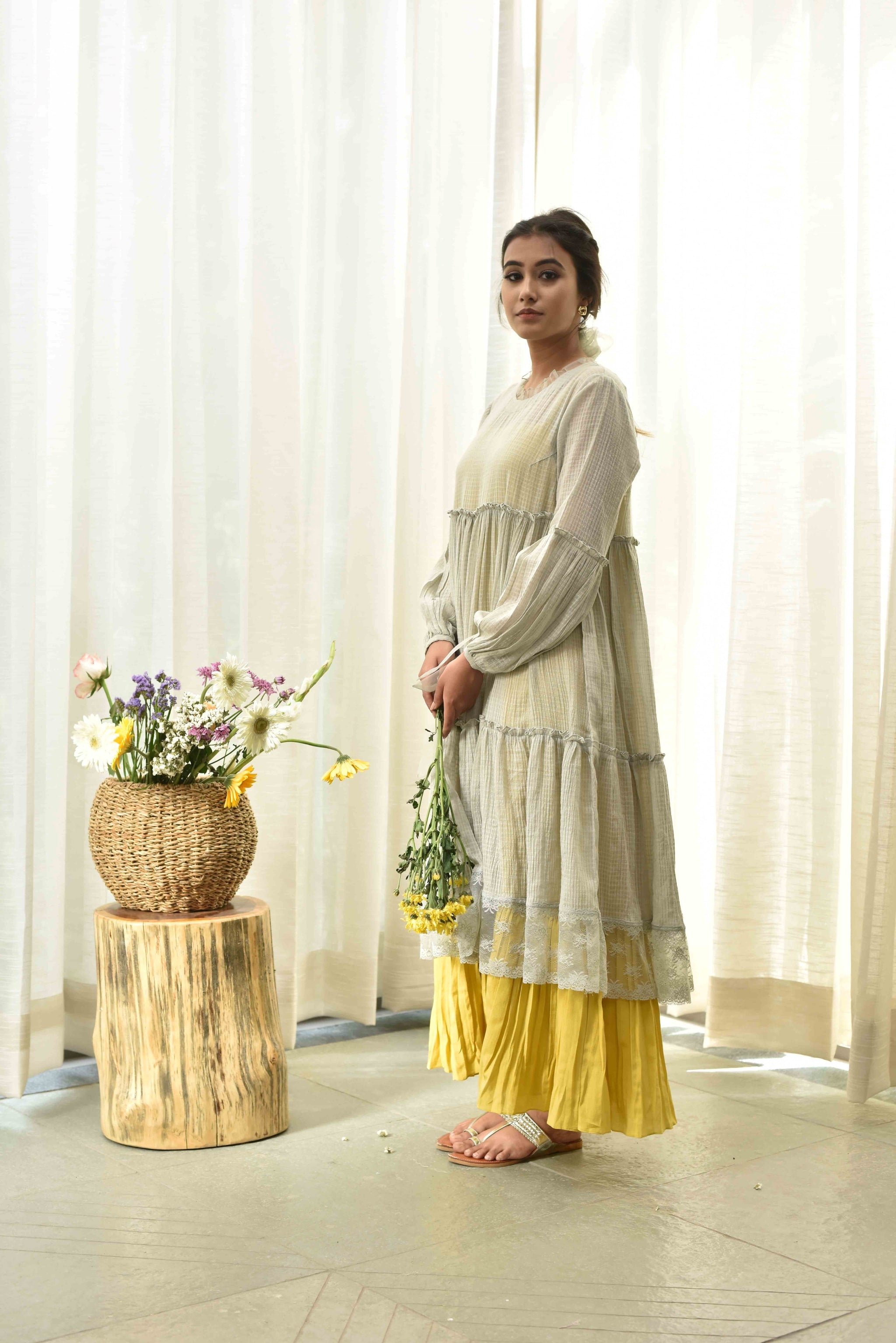 Grey Checks Tiered Dress With Yellow Spaghetti Inner