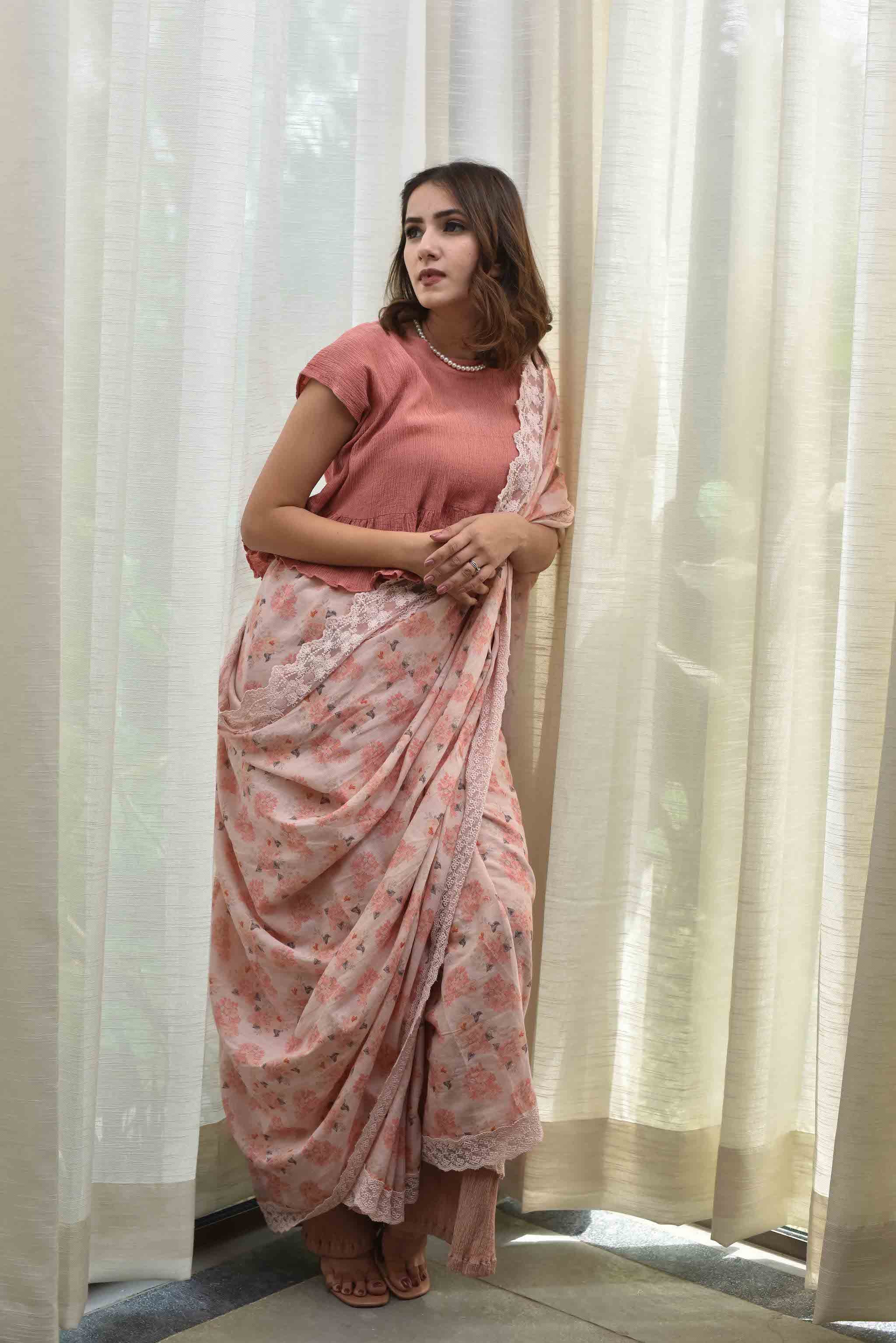 Peach Floral  Saree + Crush Crop Top