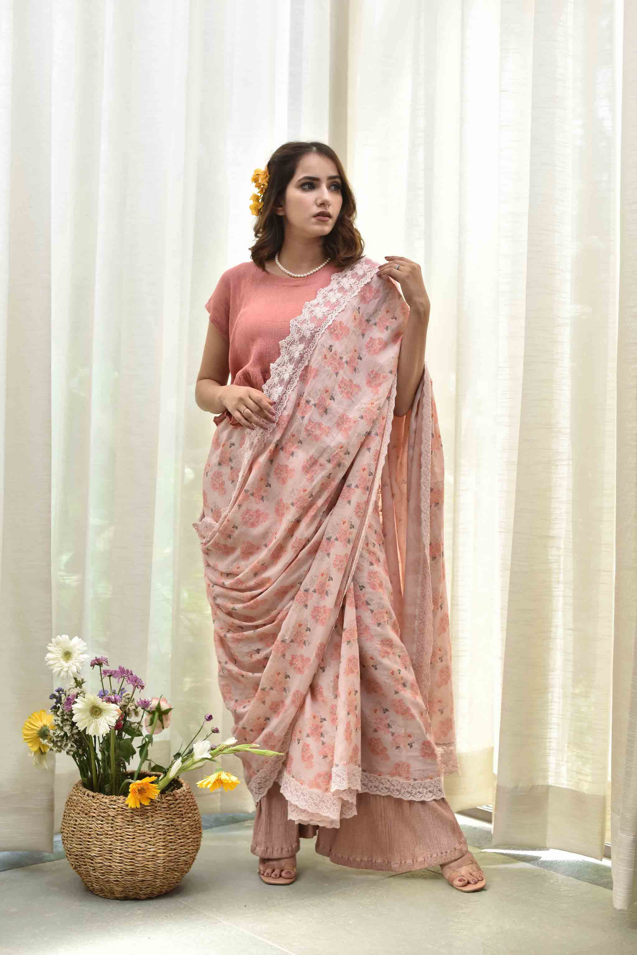 Peach Floral  Saree + Crush Crop Top