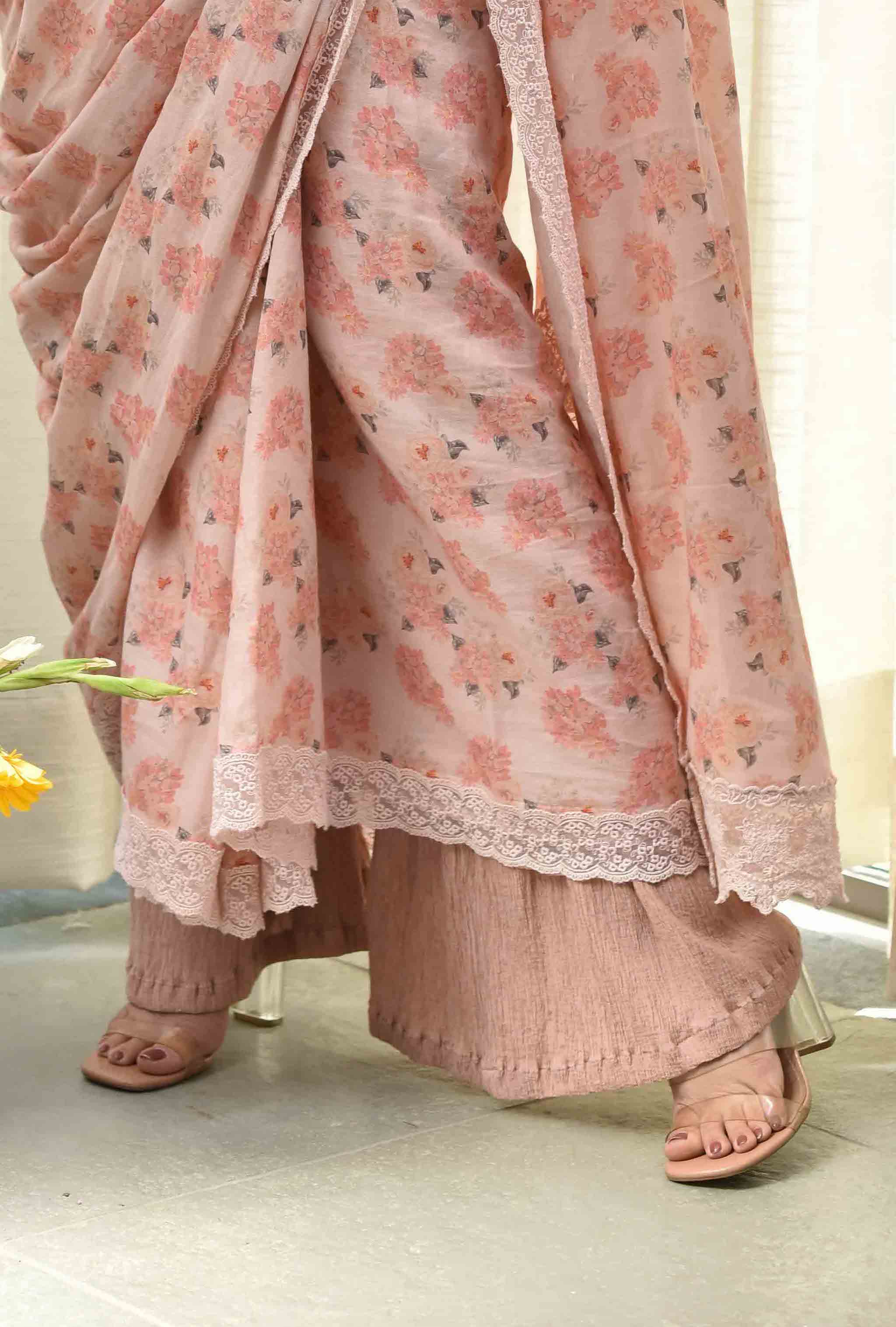 Peach Floral  Saree + Crush Crop Top