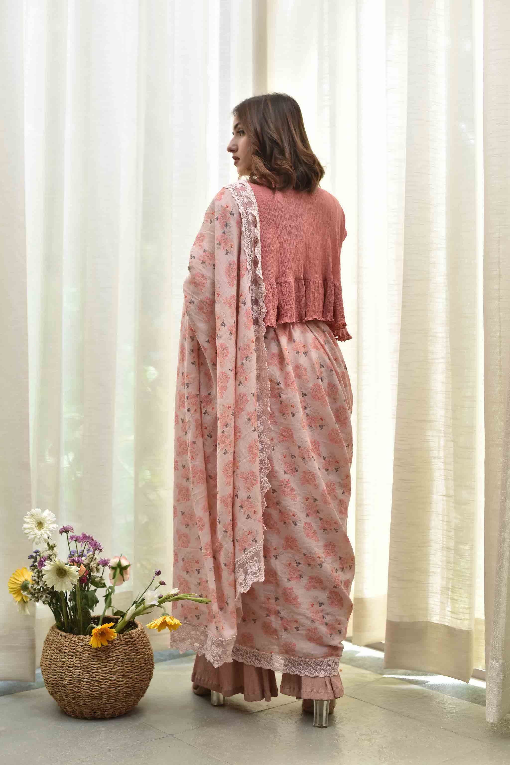 Peach Floral  Saree + Crush Crop Top