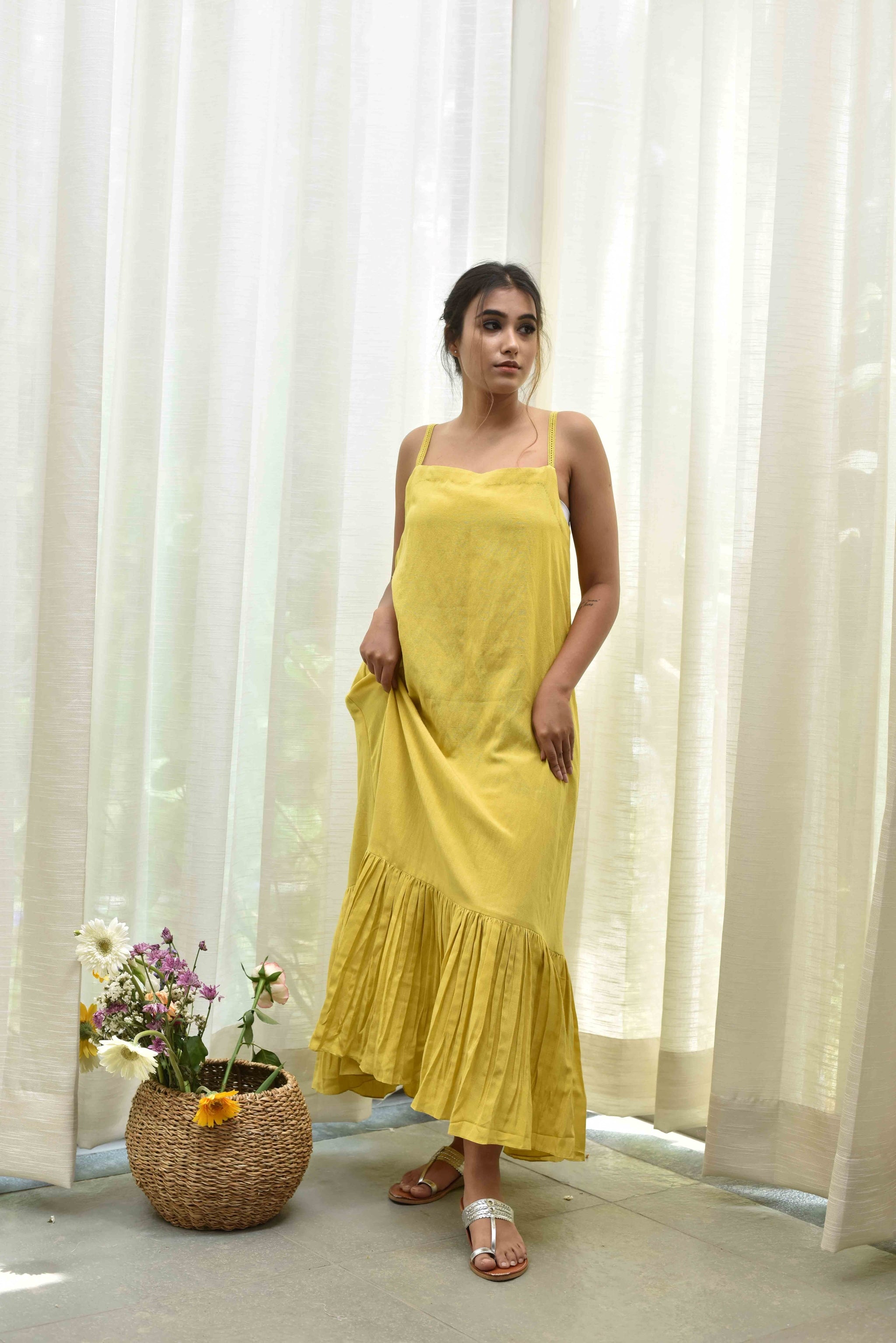 Grey Checks Tiered Dress With Yellow Spaghetti Inner