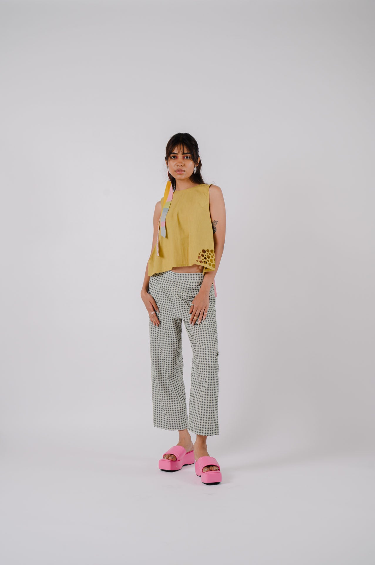 Lime Green Bowtie Crop Top With Checkered Pants