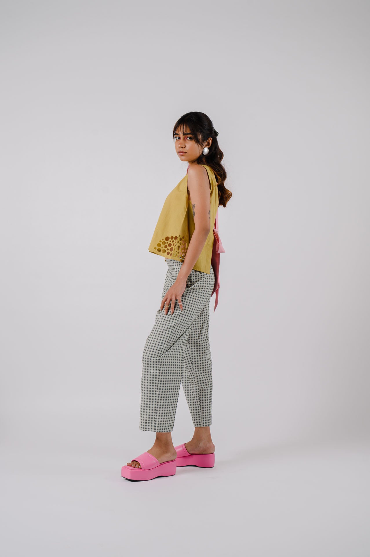 Lime Green Bowtie Crop Top With Checkered Pants