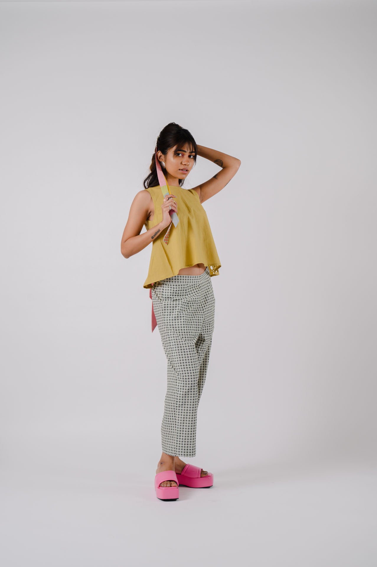 Lime Green Bowtie Crop Top With Checkered Pants