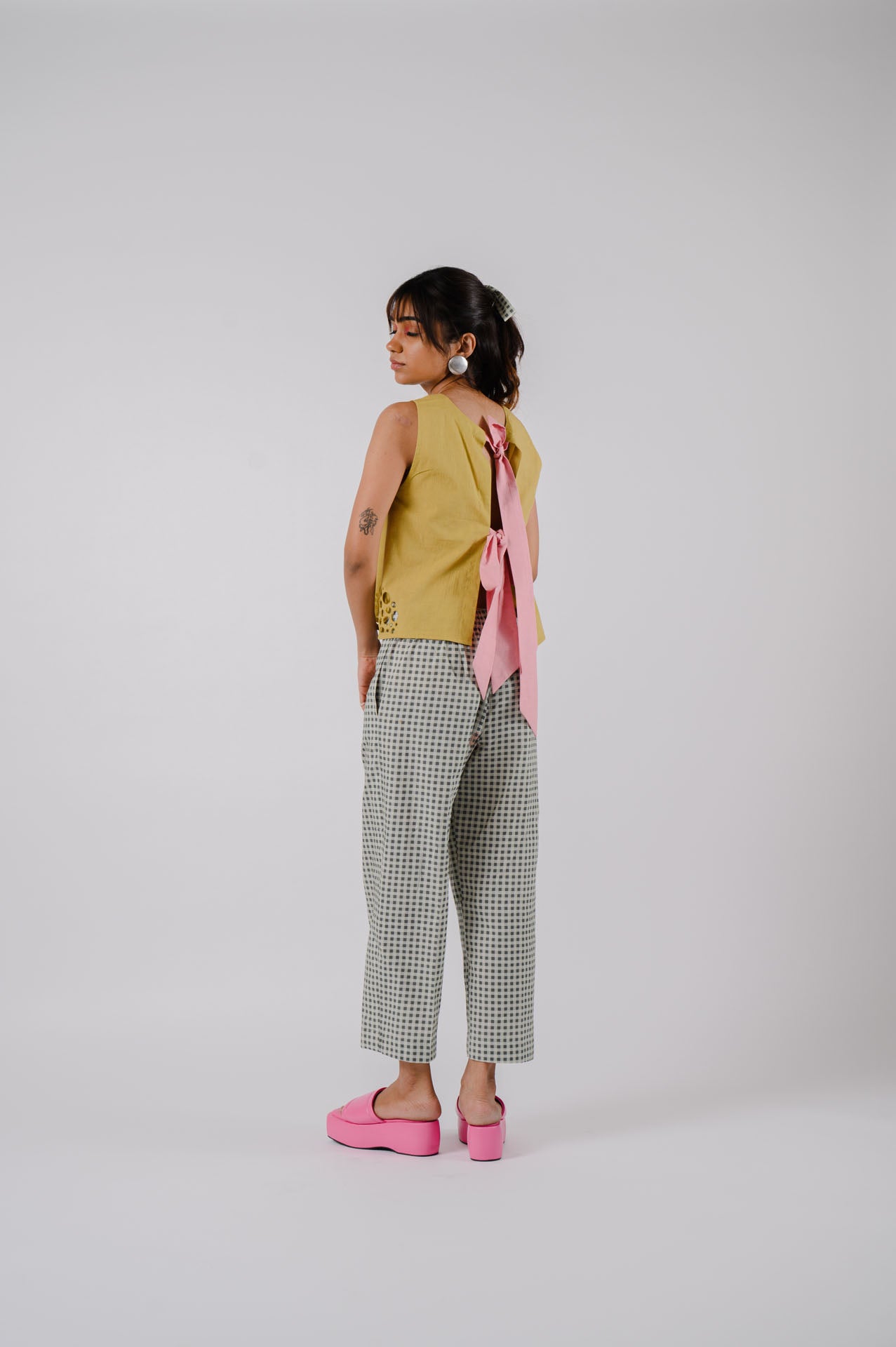 Lime Green Bowtie Crop Top With Checkered Pants