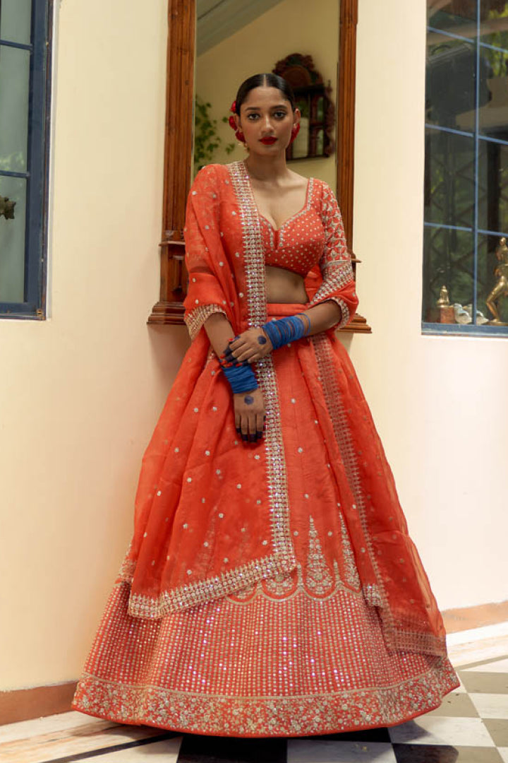 Orange Lehenga Set With Organza Dupatta