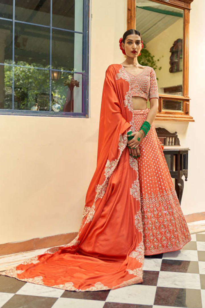 Orange All Over Embroidered Lehenga Set