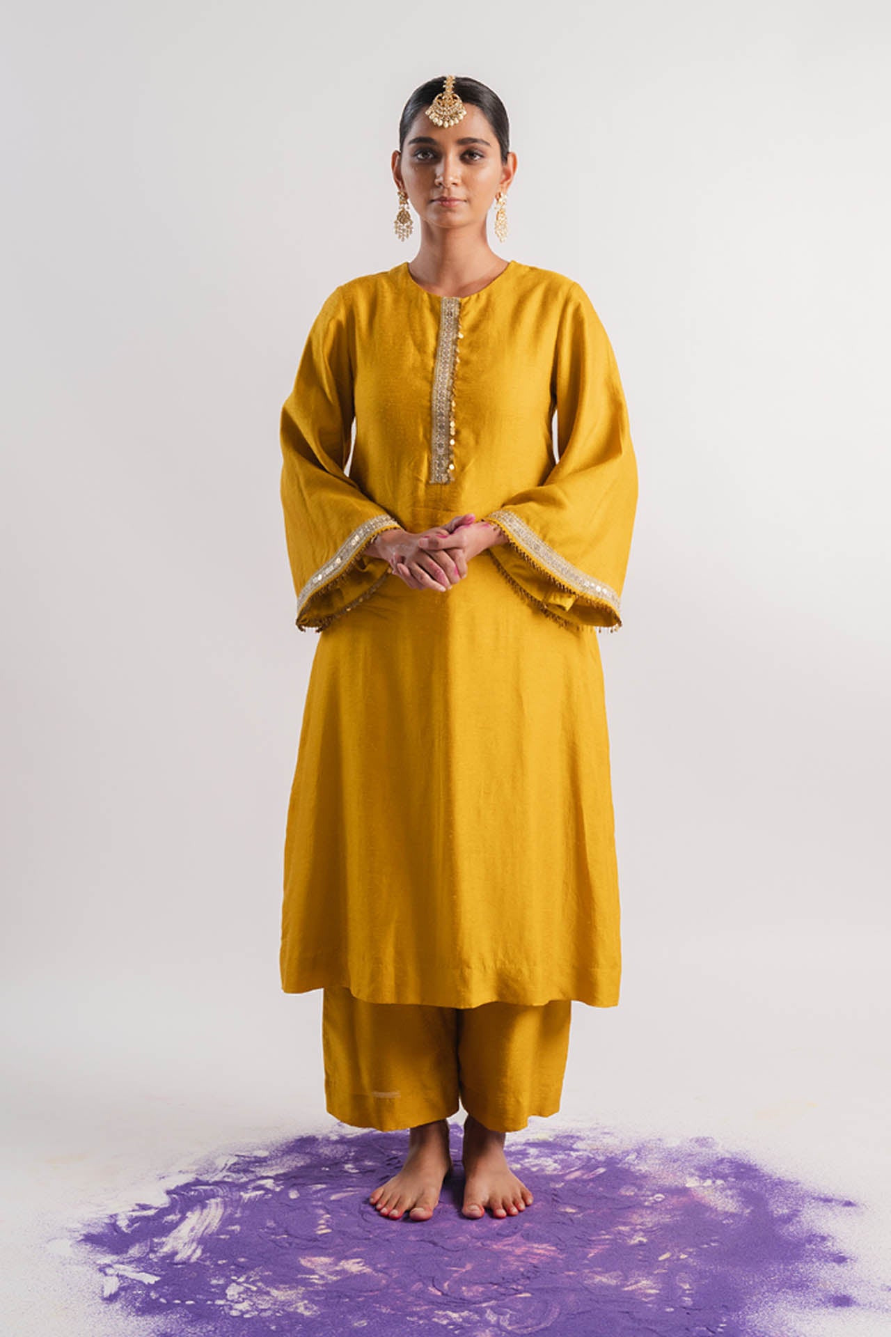 Mustard Bell Sleeved Kurta Set
