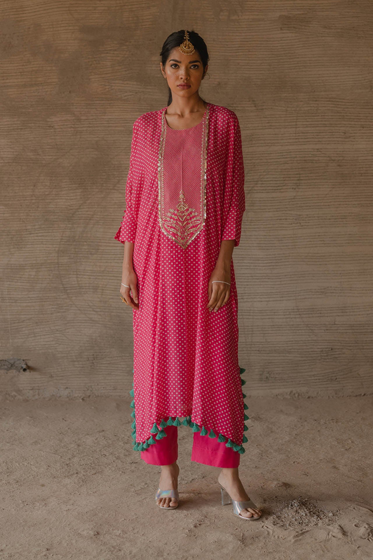 Pink Bandhej Kaftan With Pants