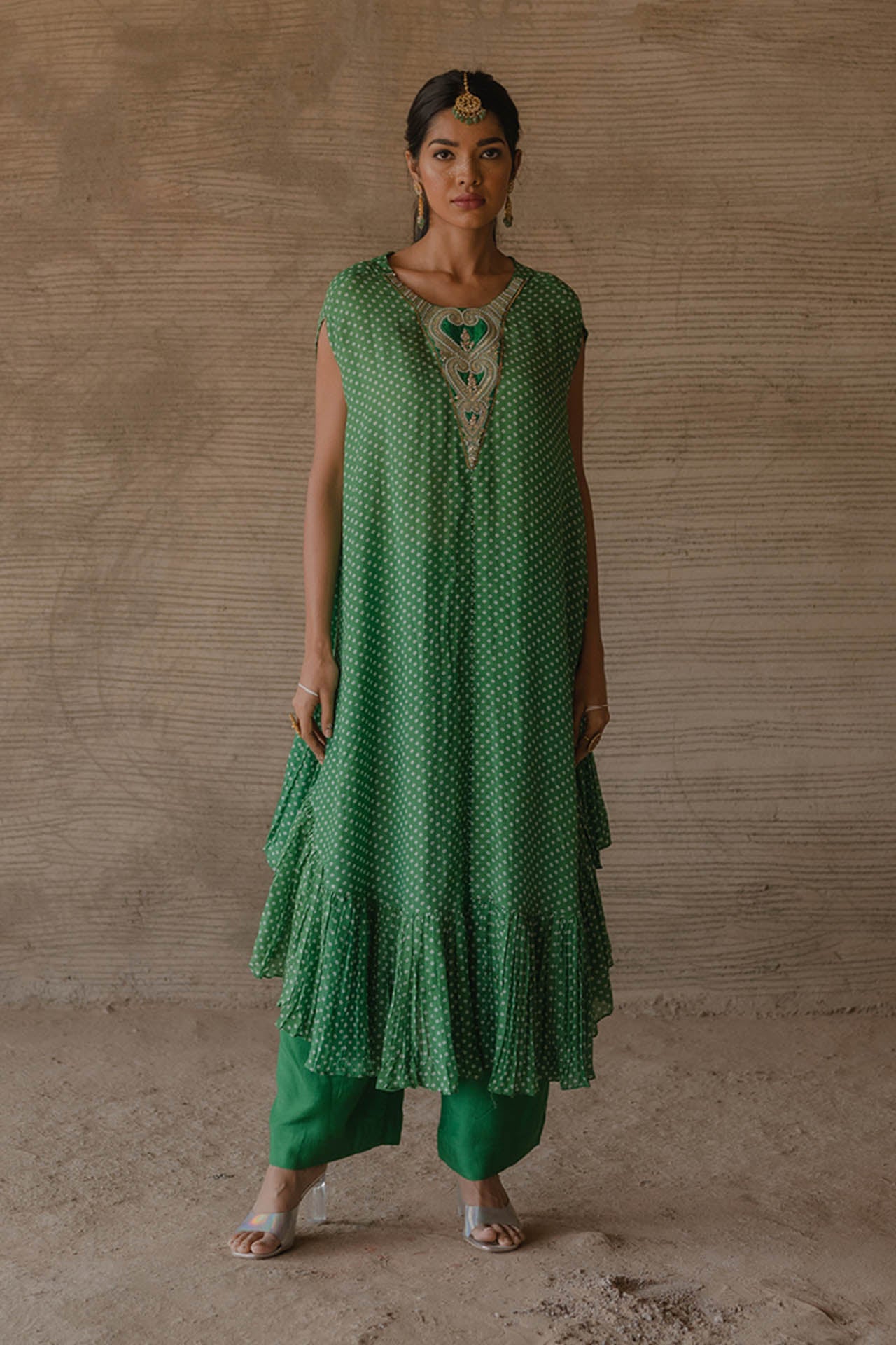 Green Bandhej Kaftan With Pants
