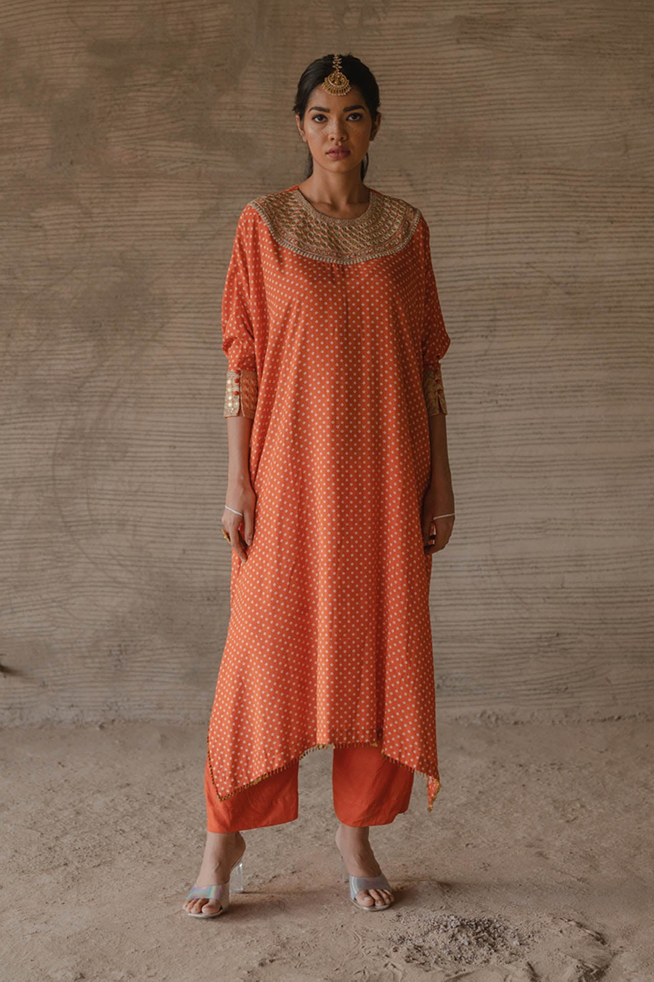 Orange Bandhej Kaftan With Pants