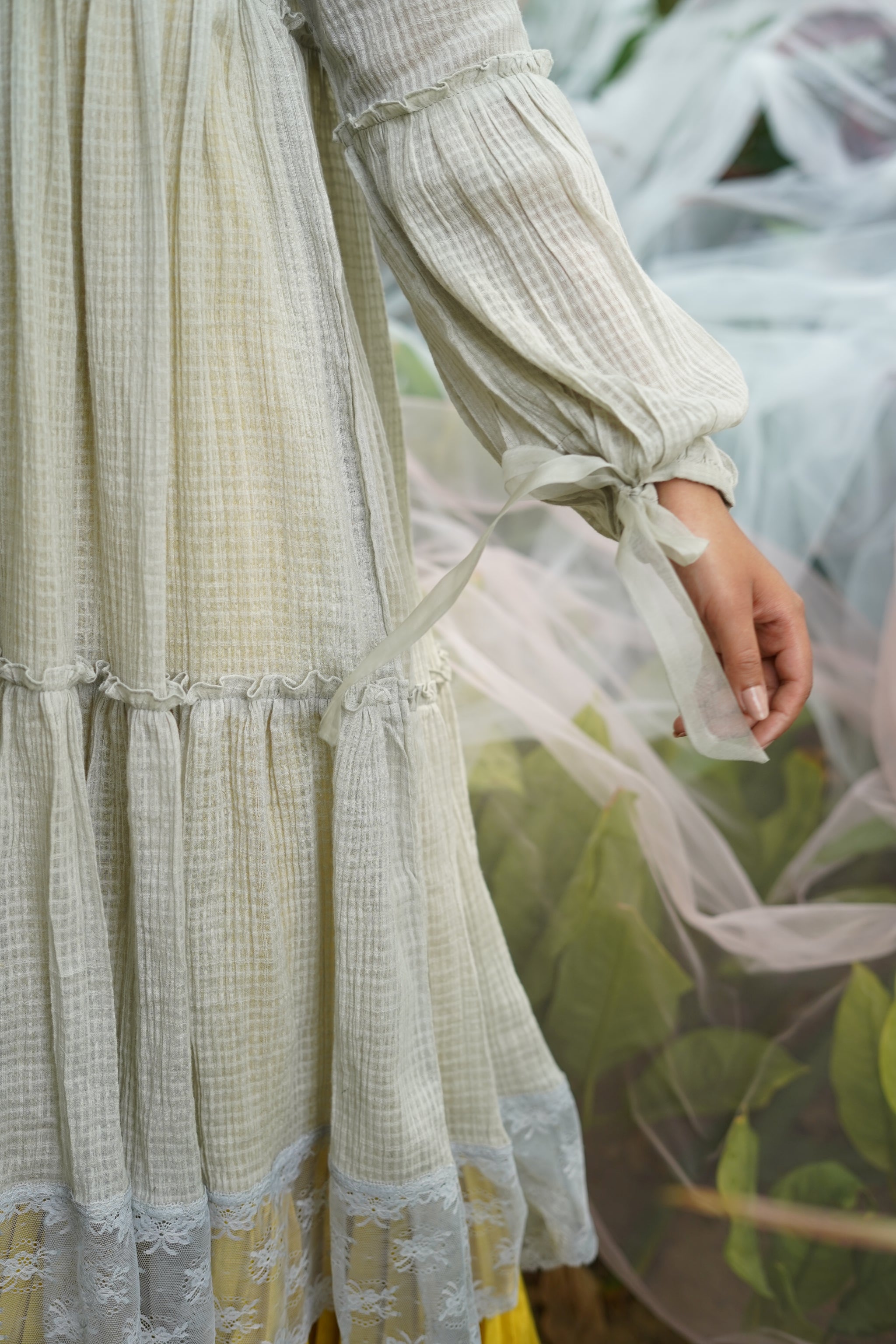 Grey Checks Tiered Dress With Yellow Spaghetti Inner