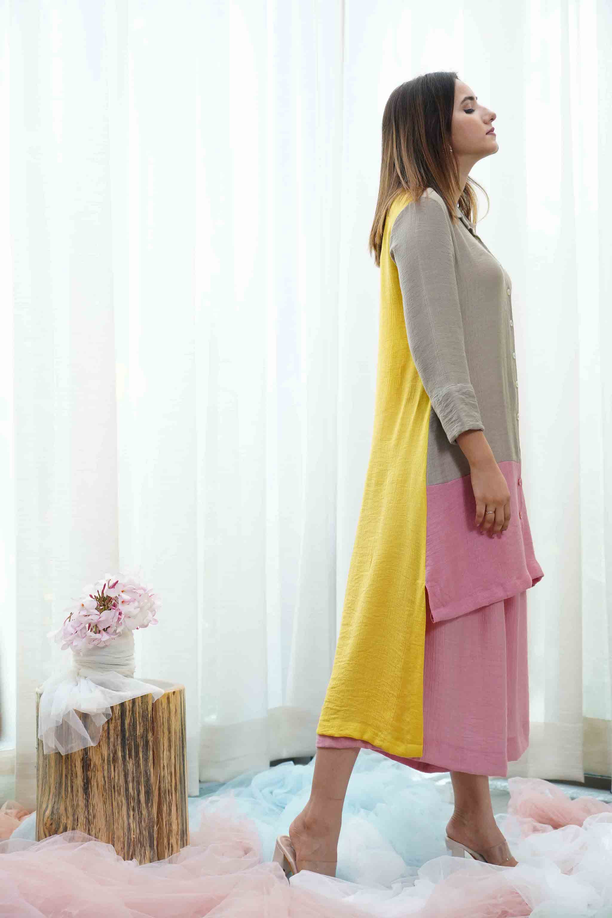 Pink ,Yellow And Grey Button Down Shirt